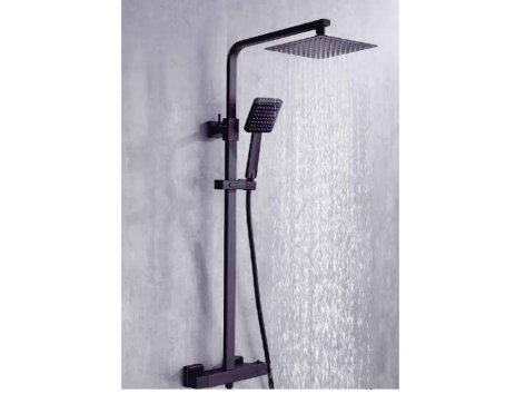 Black shower system with overhead rain shower, handheld showerhead, and water stream