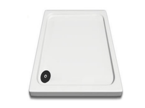 Empty white shower tray with a black circular drain on the bottom left corner.