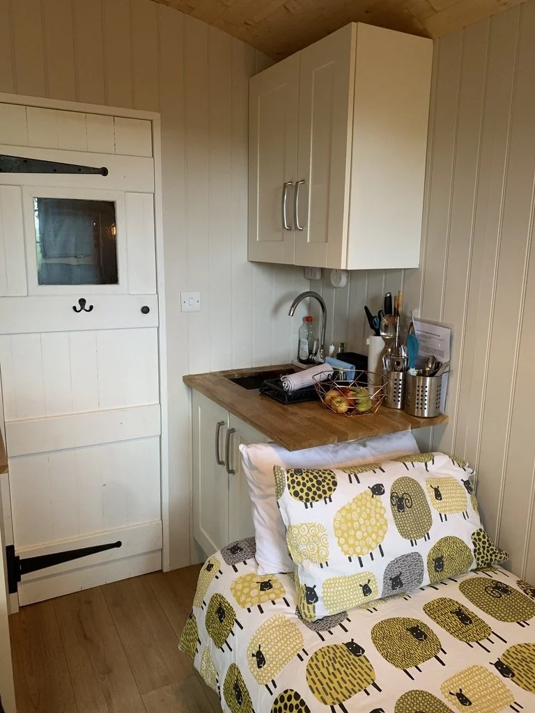 Kitchenette area with small sink & cupboard space.