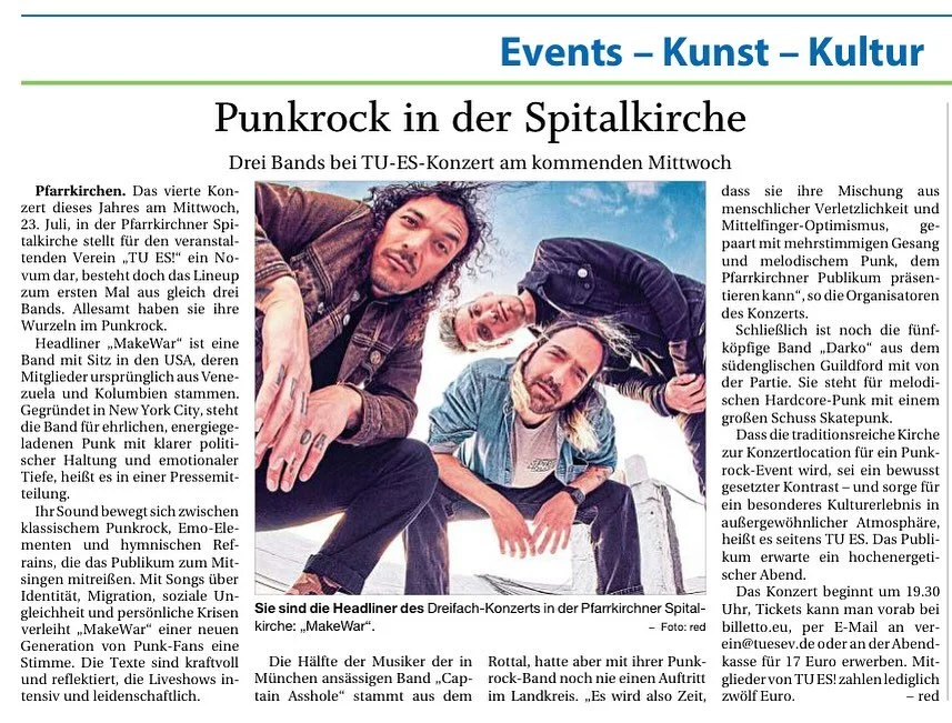 Three bands. One stage. Zero chill.
MAKEWAR, DARKO &amp; CAPTAIN ASSHOLE
live on July 23rd at 19:30 in the Spitalkirche. @makewarmusic @darko_band @captainasshole 
Loud, fast, and probably a little unhinged.

Expect noise. Expect chaos. Expect someon