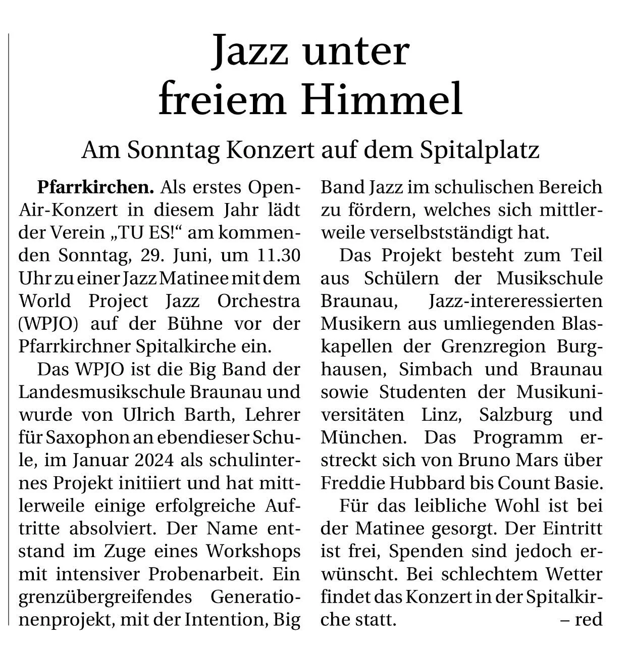 Diesen Sonntag, am 29.06., findet unsere erste Open-Air-Veranstaltung heuer statt.
Anstatt in der Spitalkirche treffen wir uns dieses Mal direkt davor auf dem Spitalplatz - zuerst gibt&rsquo;s bei unserer Matin&eacute;e um 11.30 Uhr feinsten Jazz zu 