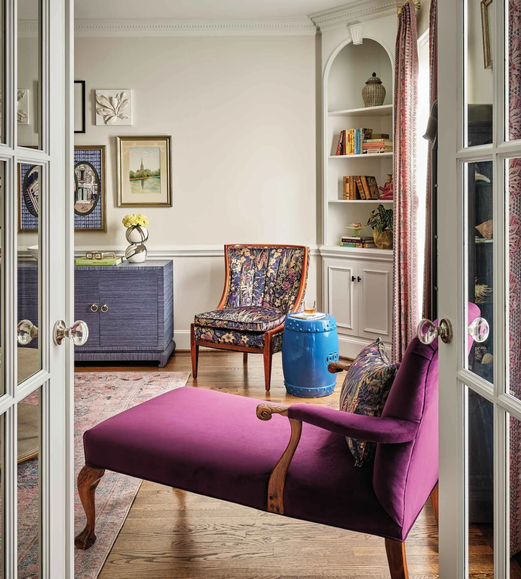 susan-hill-design-group-wesley-chapel-nc-interior-door-hardware-styles-french-doors-into-living-room-deep-pink-antique-chaise-lounge-transforming-interior-design.jpg