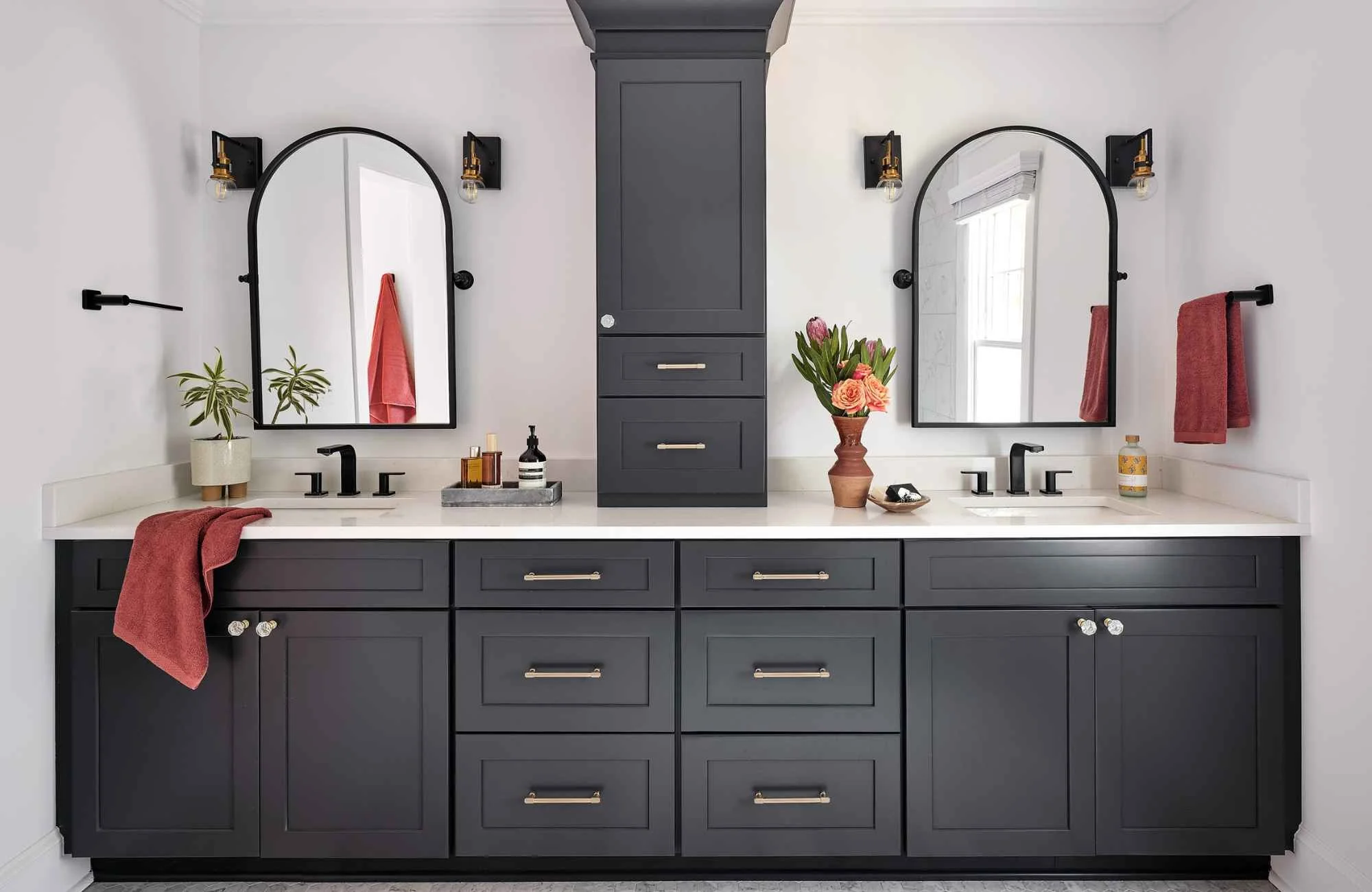 susan-hill-design-group-wesley-chapel-nc-roles-for-building-custom-home-primary-bathroom-vanity-arched-mirrors-black-cabinets-red-towels-sanctuary.jpg