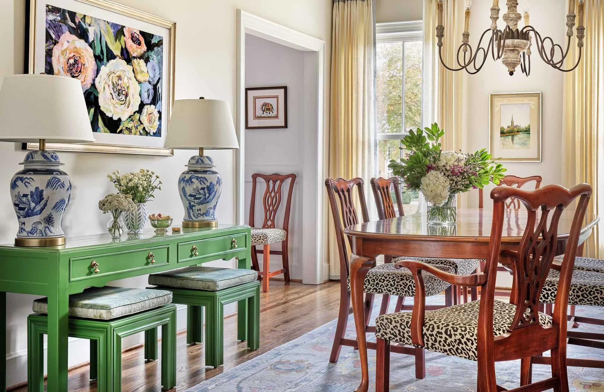 susan-hill-design-group-wesley-chapel-nc-traffic-flow-interior-design-dining-room-with-green-side-table-and-seats-colorful-transforming-construction-management.jpg