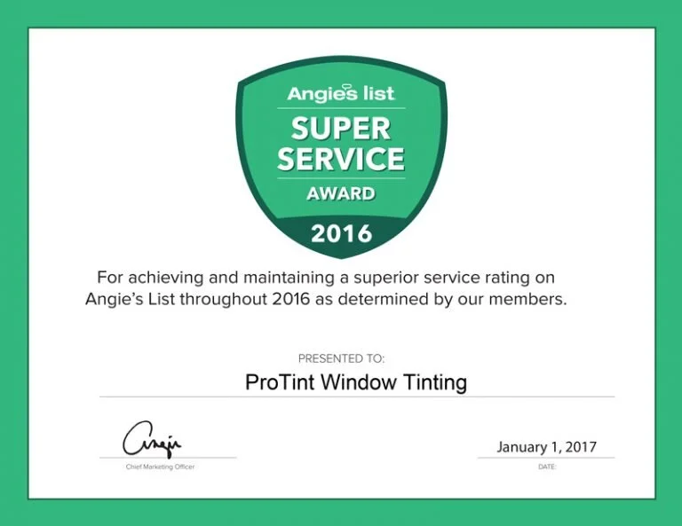 ProTint Window Tinting Earns Esteemed Angie’s List Super Service Award