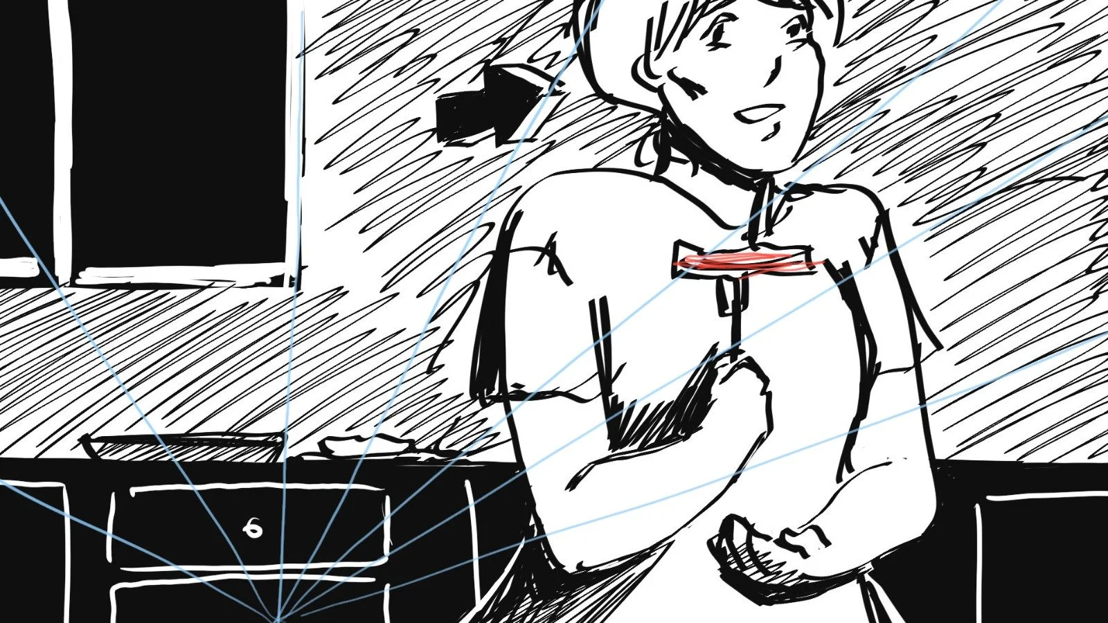 She approaches him with a forkful of meat.