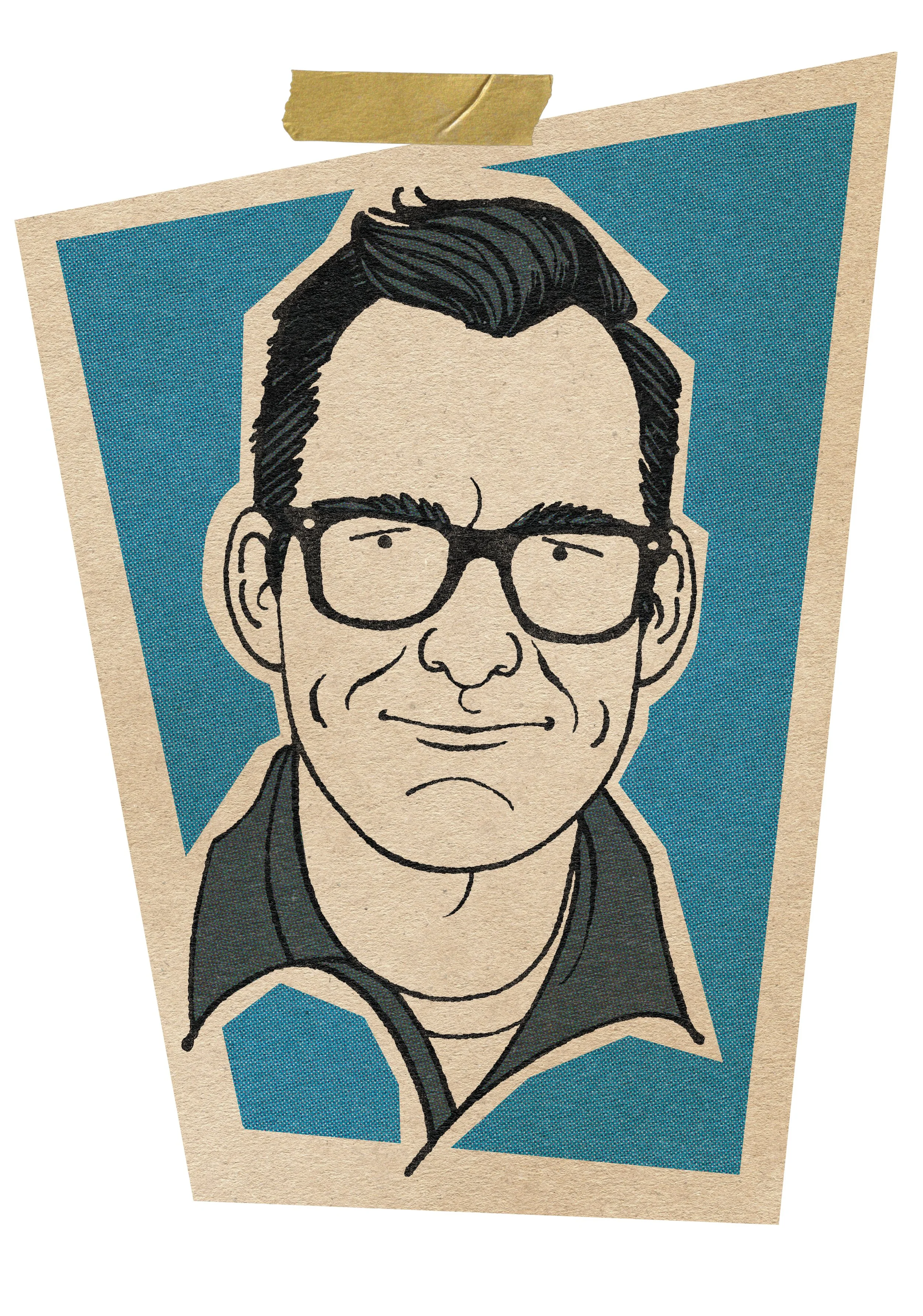 A cartoon-style illustration of a smiling man with dark hair, glasses, and a black shirt, portrait-style on a beige background with a blue geometric backdrop, taped to the wall with a piece of brown tape at the top.