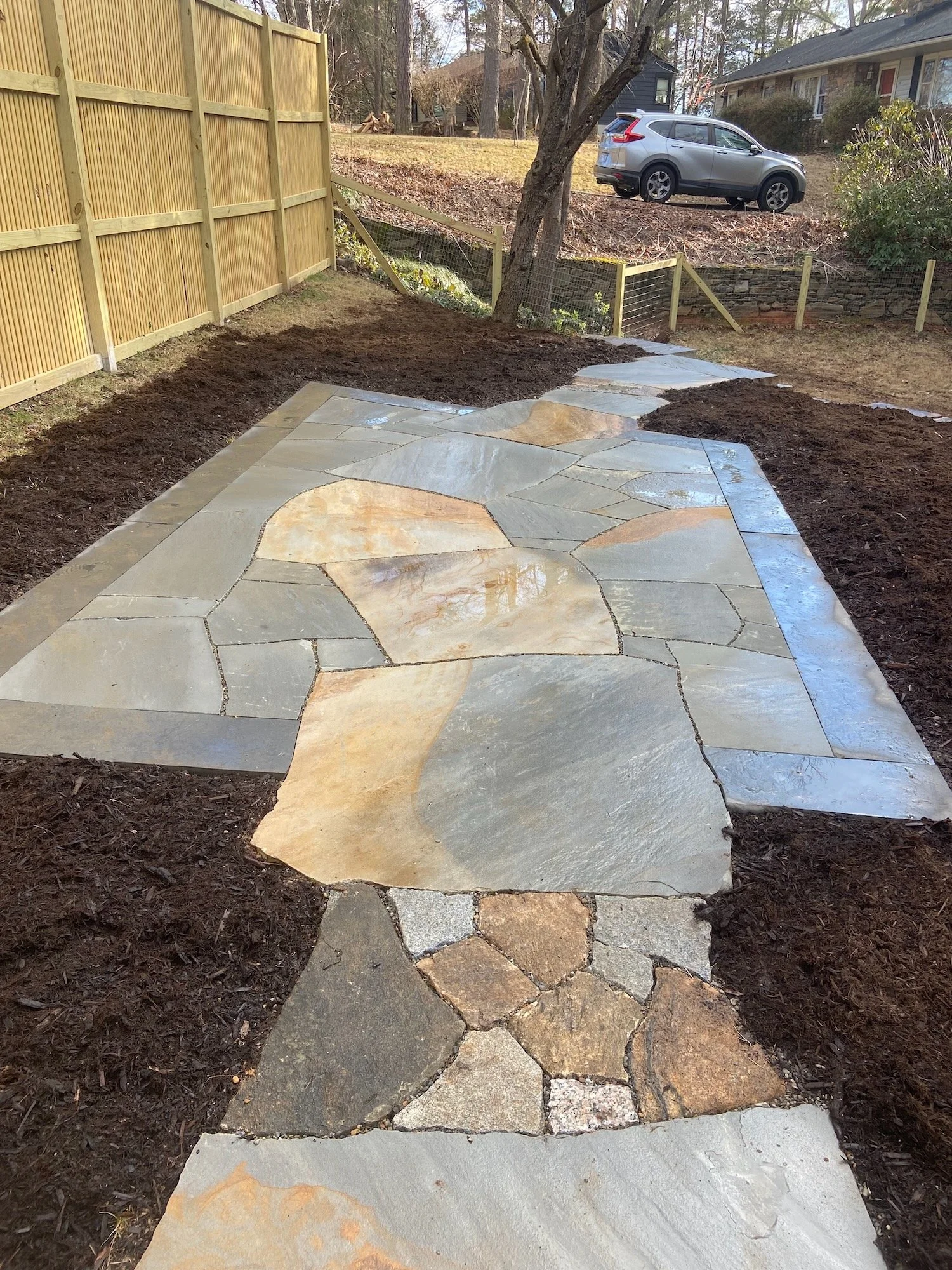Drystone patio. with frame, featuring Japanese inspired infills, West Asheville