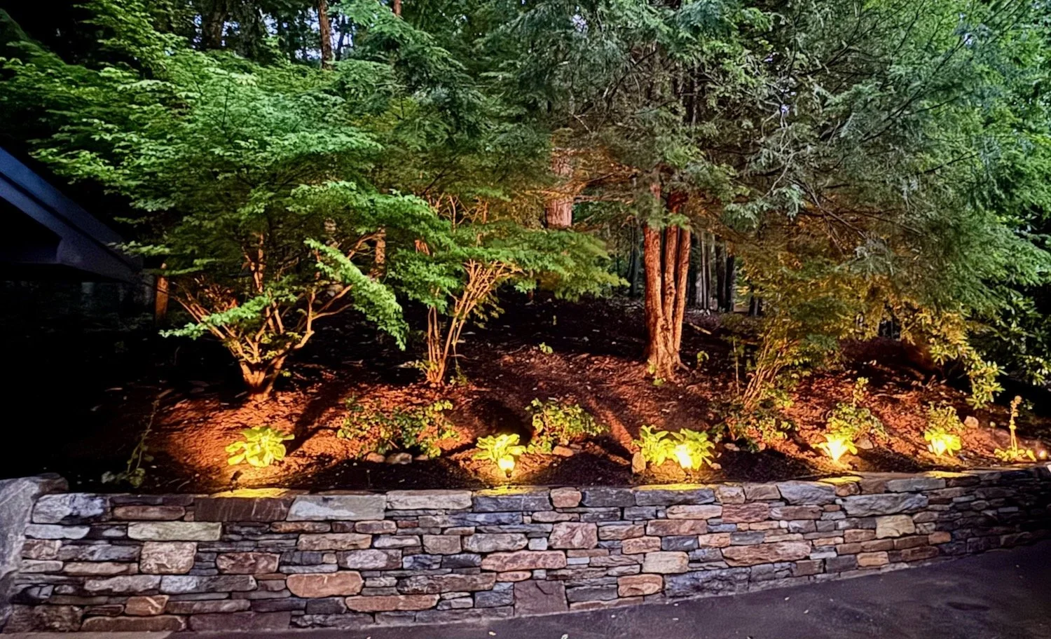 Garden lights illuminate a drystone wall, North Asheville