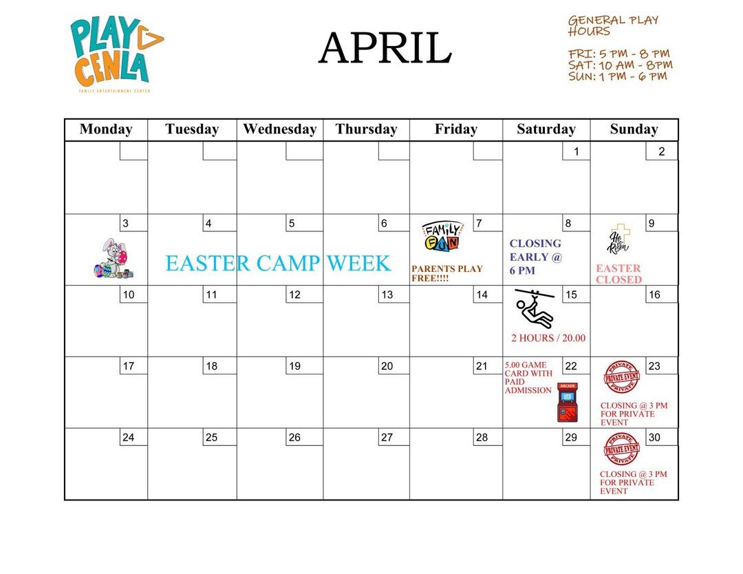 MONTHLY CALENDAR FOR APRIL
 #birthdayparty #fridaynightfun #supportlocal #supportsmallbusiness #supportsmallbusinessowners