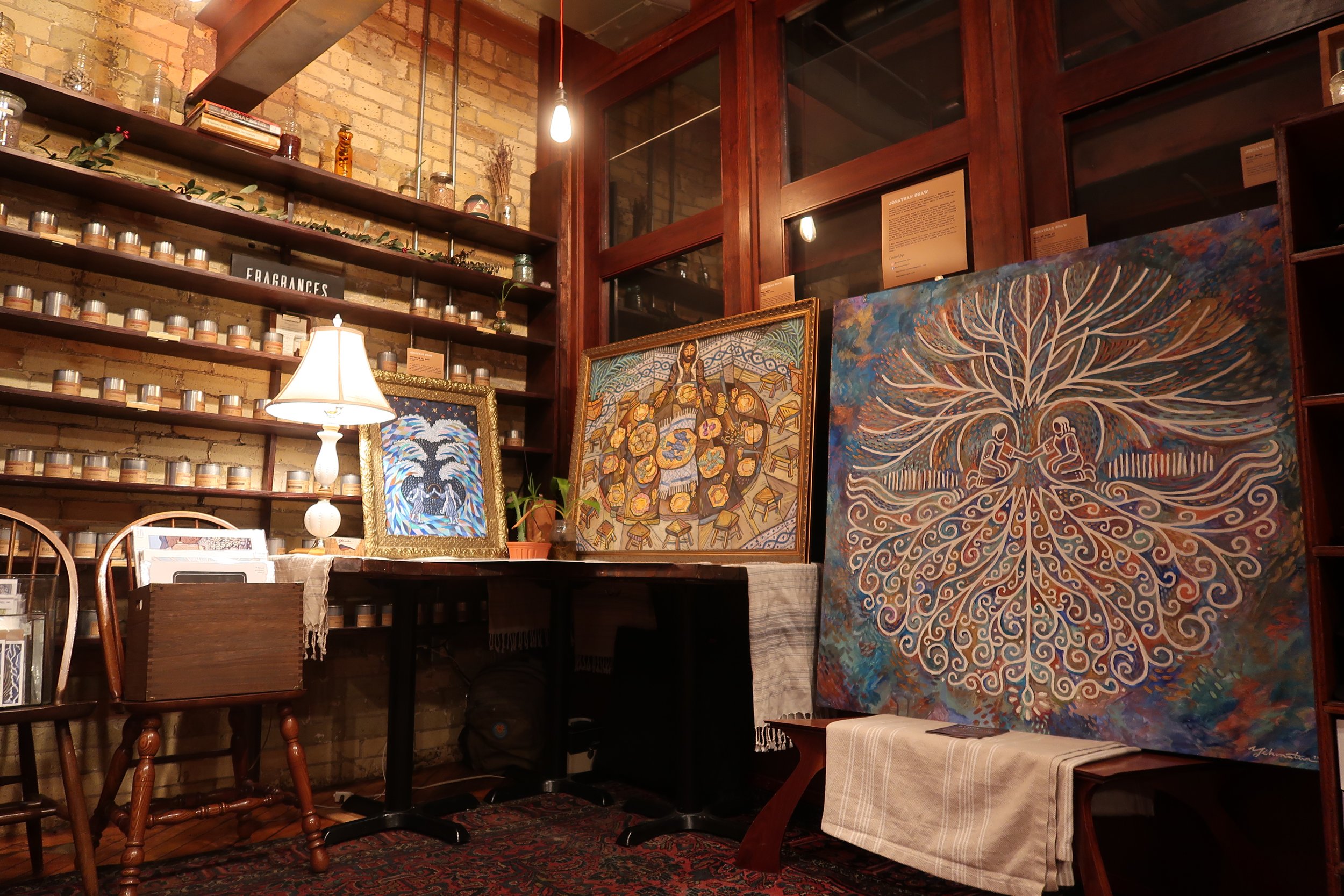  Paintings and artwork by  Jonathan Shaw of Yehonatan Art  at Hygge: A Pop Up Gallery, curated by Milwaukee artist, Lauren Marie Nitka, at G lassnote Candle Bar  in Walker’s Point, WI. 