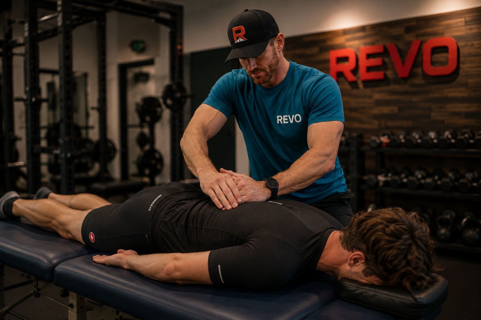 A man receiving a back massage from a physical therapist in a gym with the logo 'REVO' on the wall.