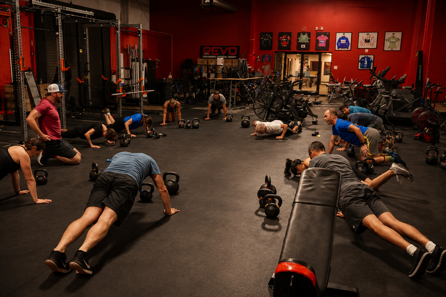 A group of people participating in a fitness class in a gym, doing push-ups on the black rubber floor, surrounded by kettlebells and gym equipment, with red walls and framed sports jerseys.