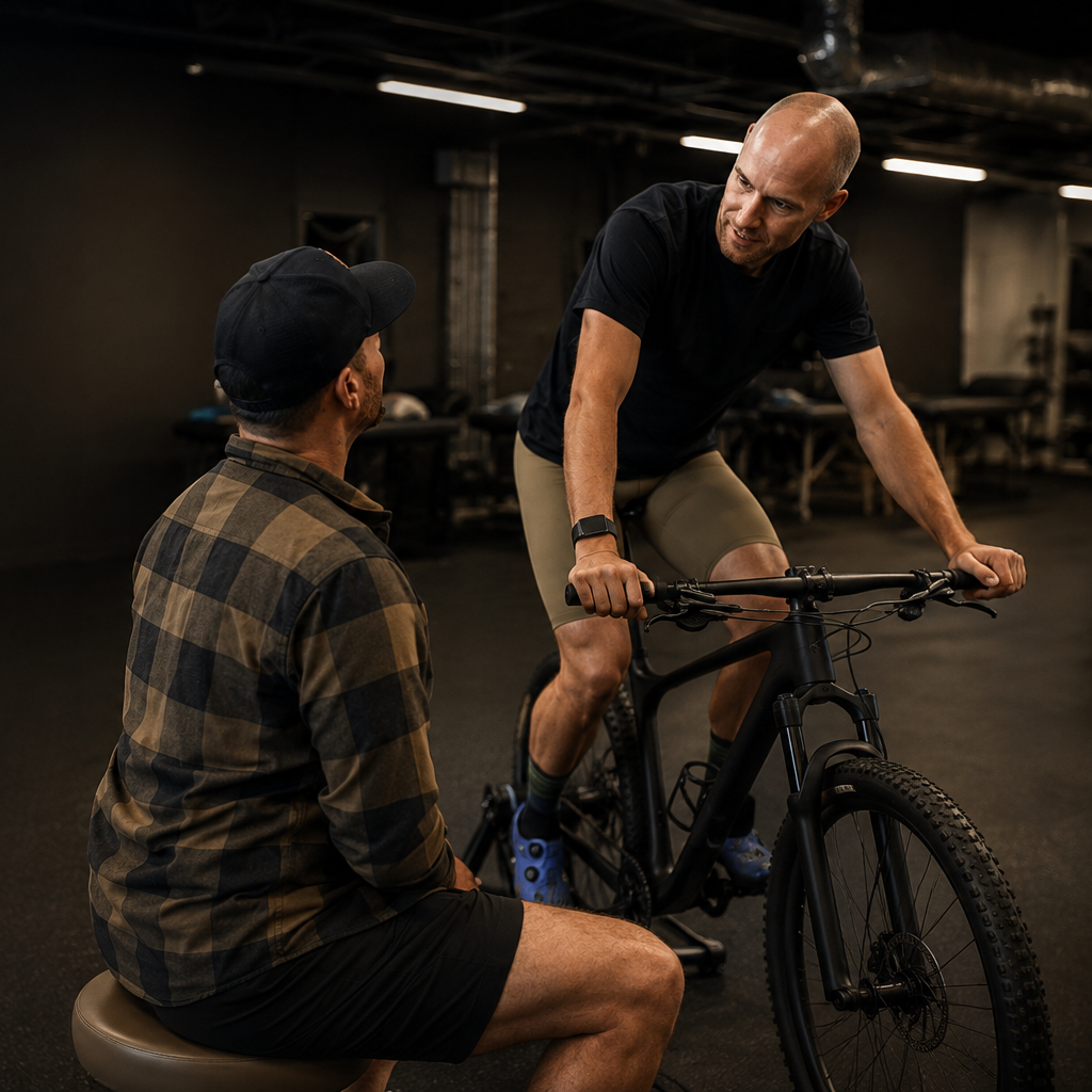 A man in a black t-shirt and beige shorts is sitting on a mountain bike, talking to another man in a brown and black plaid shirt and black cap, who is seated on a stool. They are indoors, in a dimly lit gym or bike workshop.