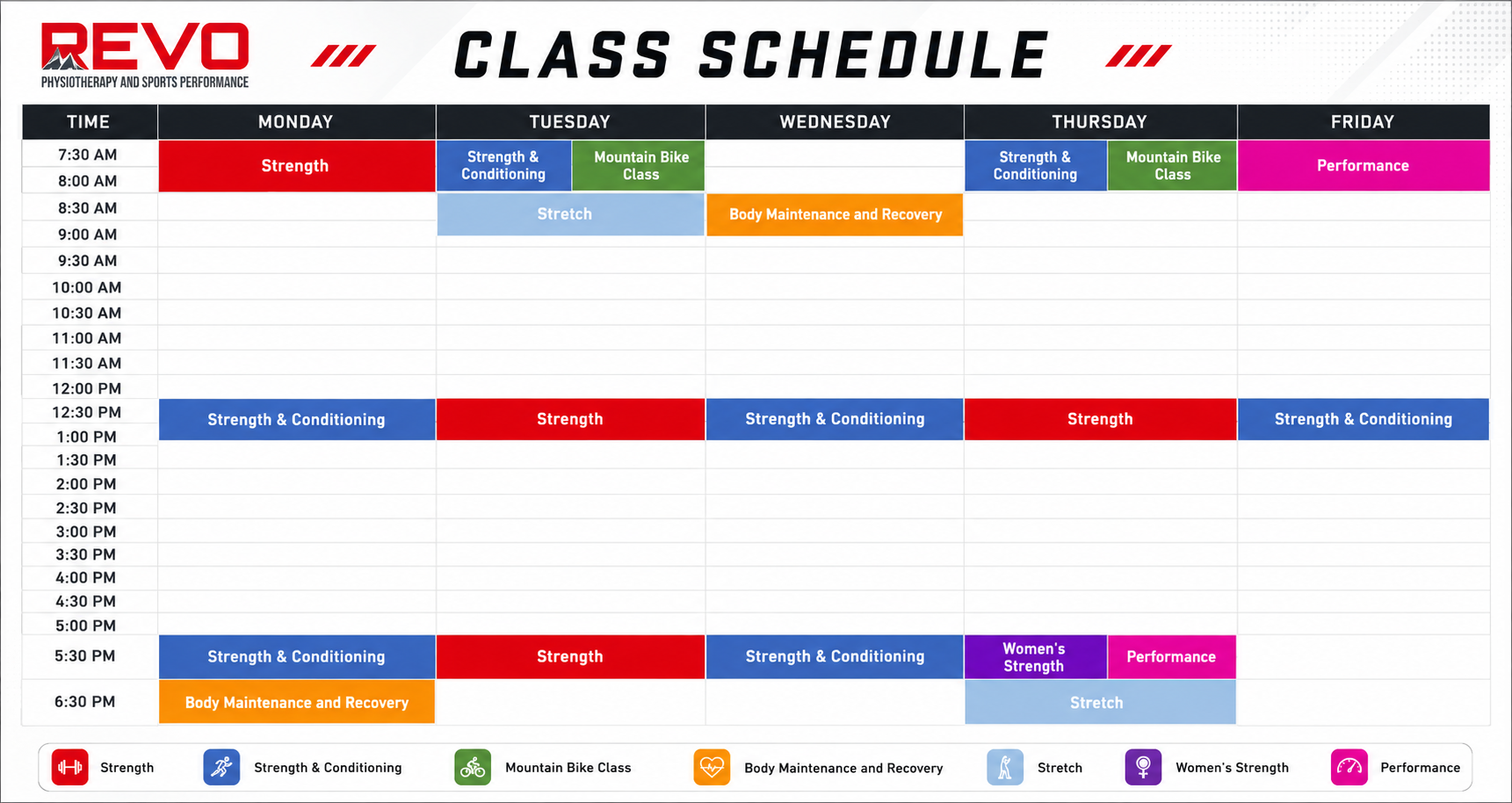 Weekly class schedule at REVO Physotherapy and Sports Performance, listing classes by day and time, including Strength, Strength & Conditioning, Mountain Bike Class, Body Maintenance and Recovery, Stretch, Women's Strength, and Performance, with color-coded categories.