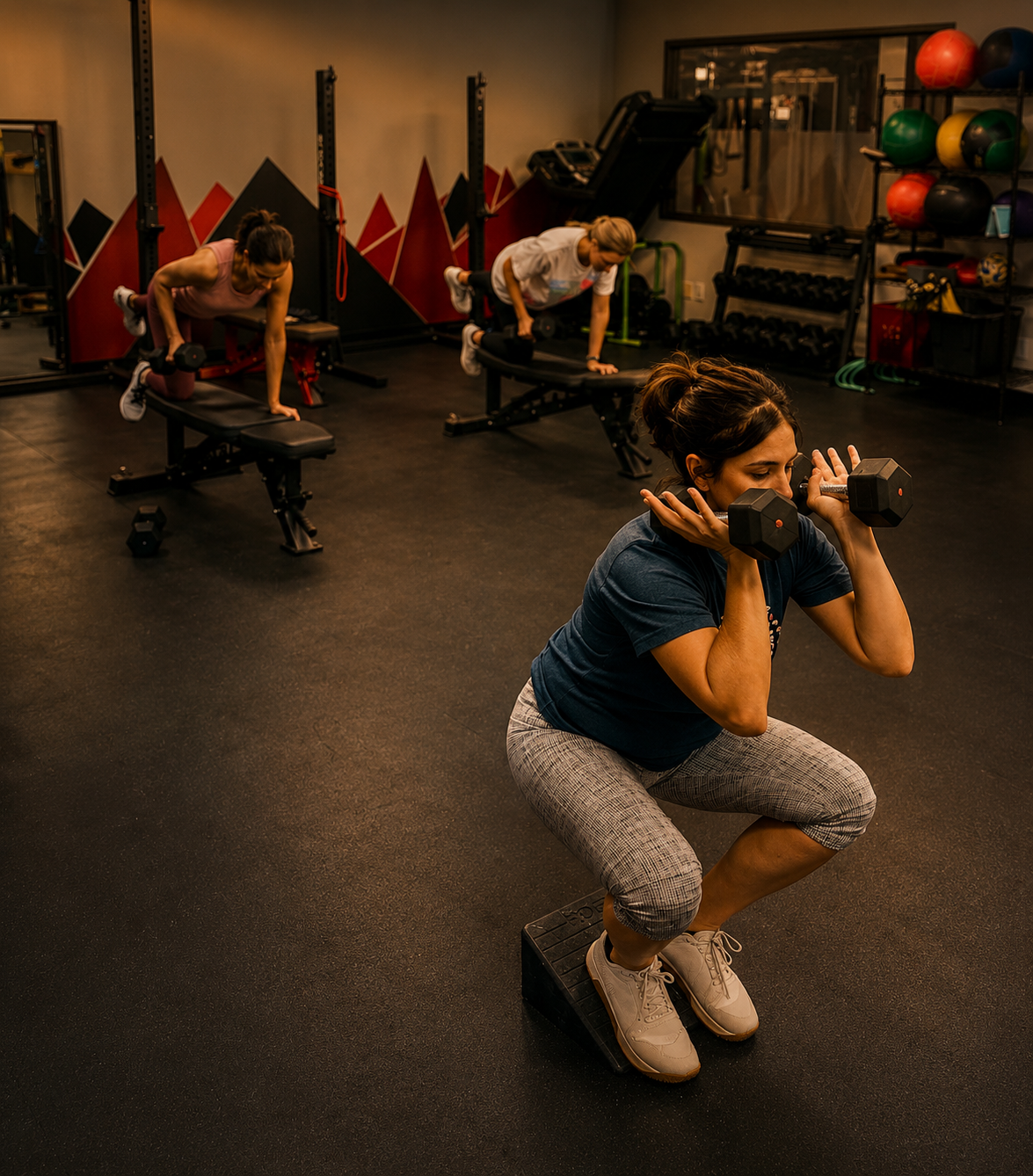 Three women working out in a gym. One woman in the foreground is doing squats with dumbbells, wearing a blue shirt and gray plaid pants, standing on a step platform. Two women in the background are performing bridge exercises on benches, all wearing workout clothes. The gym has equipment like medicine balls, dumbbells, and resistance bands.
