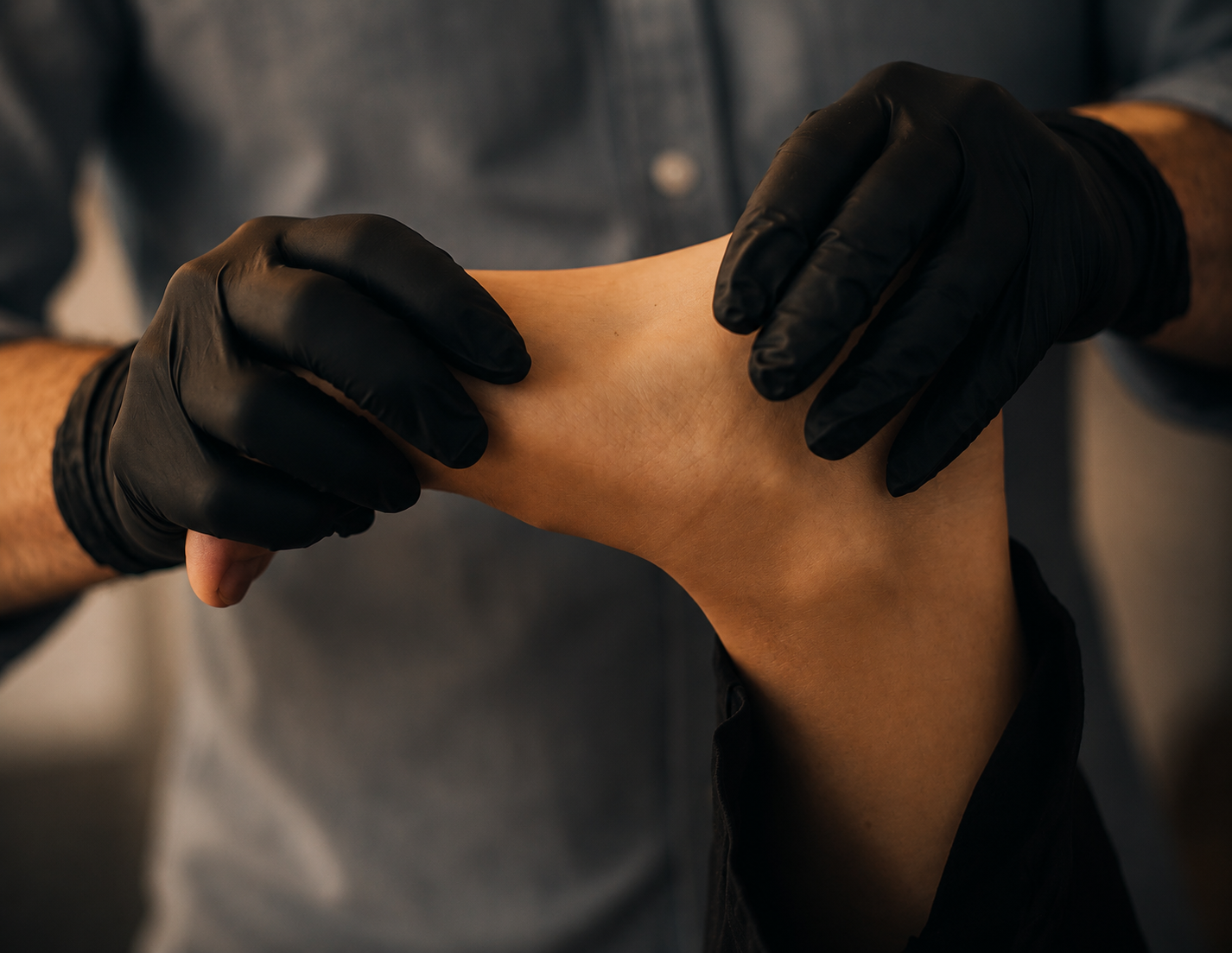A person applying a tattoo to another person's arm, wearing black gloves.