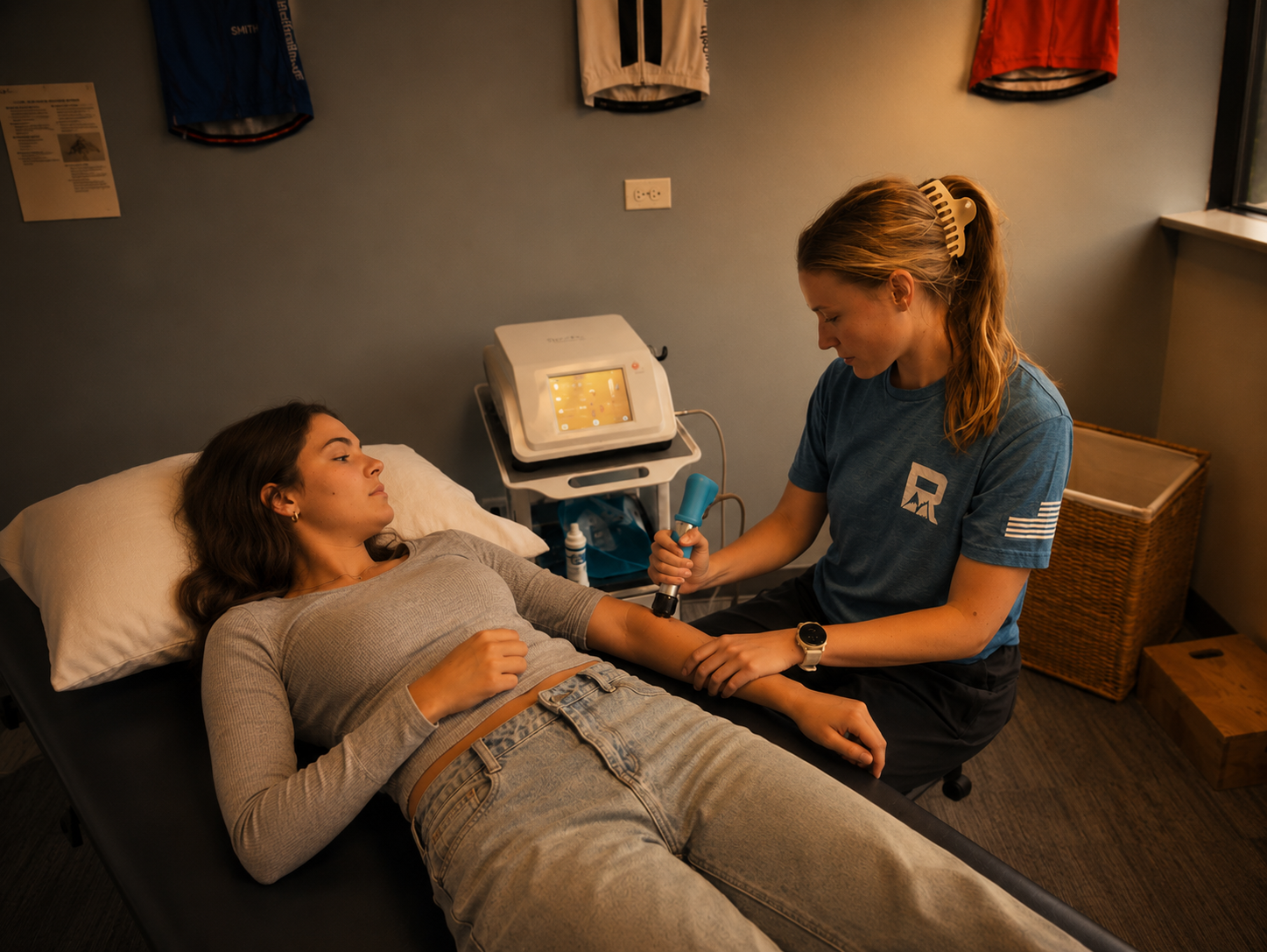 A woman is lying on a hospital bed and receiving an ultrasound scan of her arm from a medical professional.