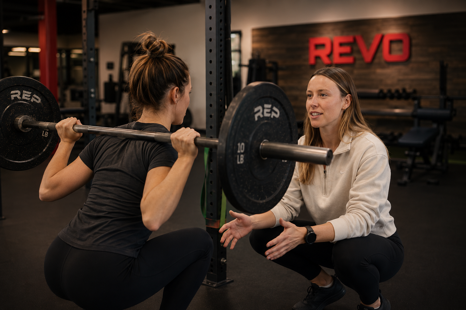 A woman is performing a barbell squat in a gym while a woman trainer provides guidance. The gym has the word 'REVO' on the wall in the background.