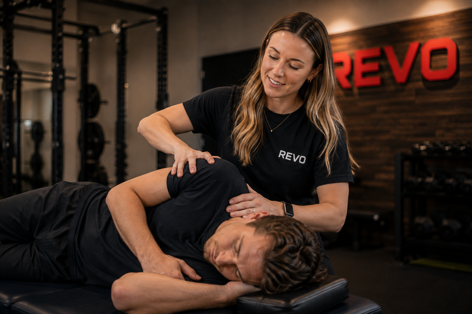 A female physical therapist providing a neck and shoulder massage to a male client lying on a treatment table in a gym or wellness center.