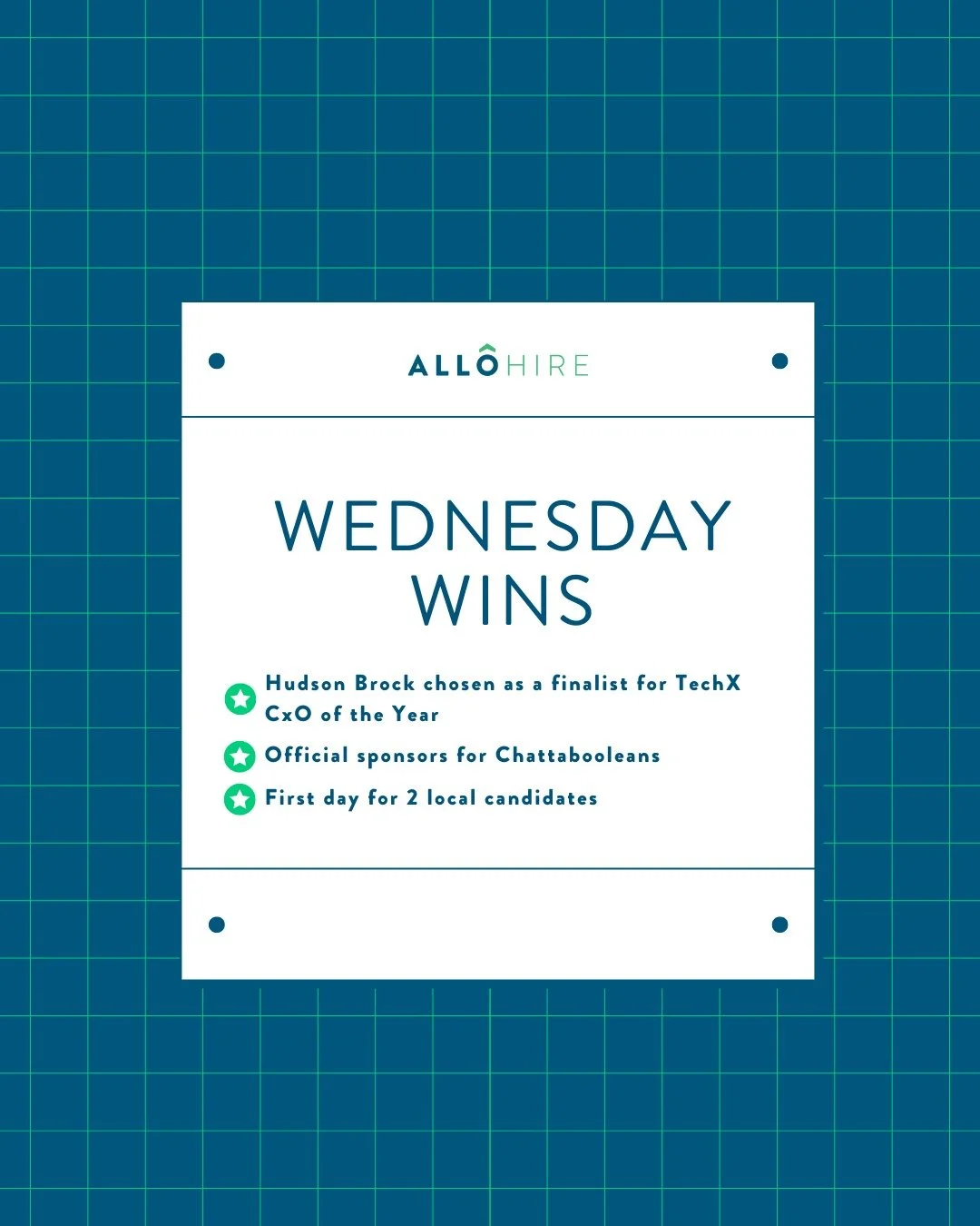 Shoutout to our team, partners, and candidates who keep making good things happen!

It's been a big week and month in the AlloHire Arena. Here's what we're celebrating today:

🎉 Hudson Brock (AlloHire's Founder &amp; CEO) is a finalist for the @chat