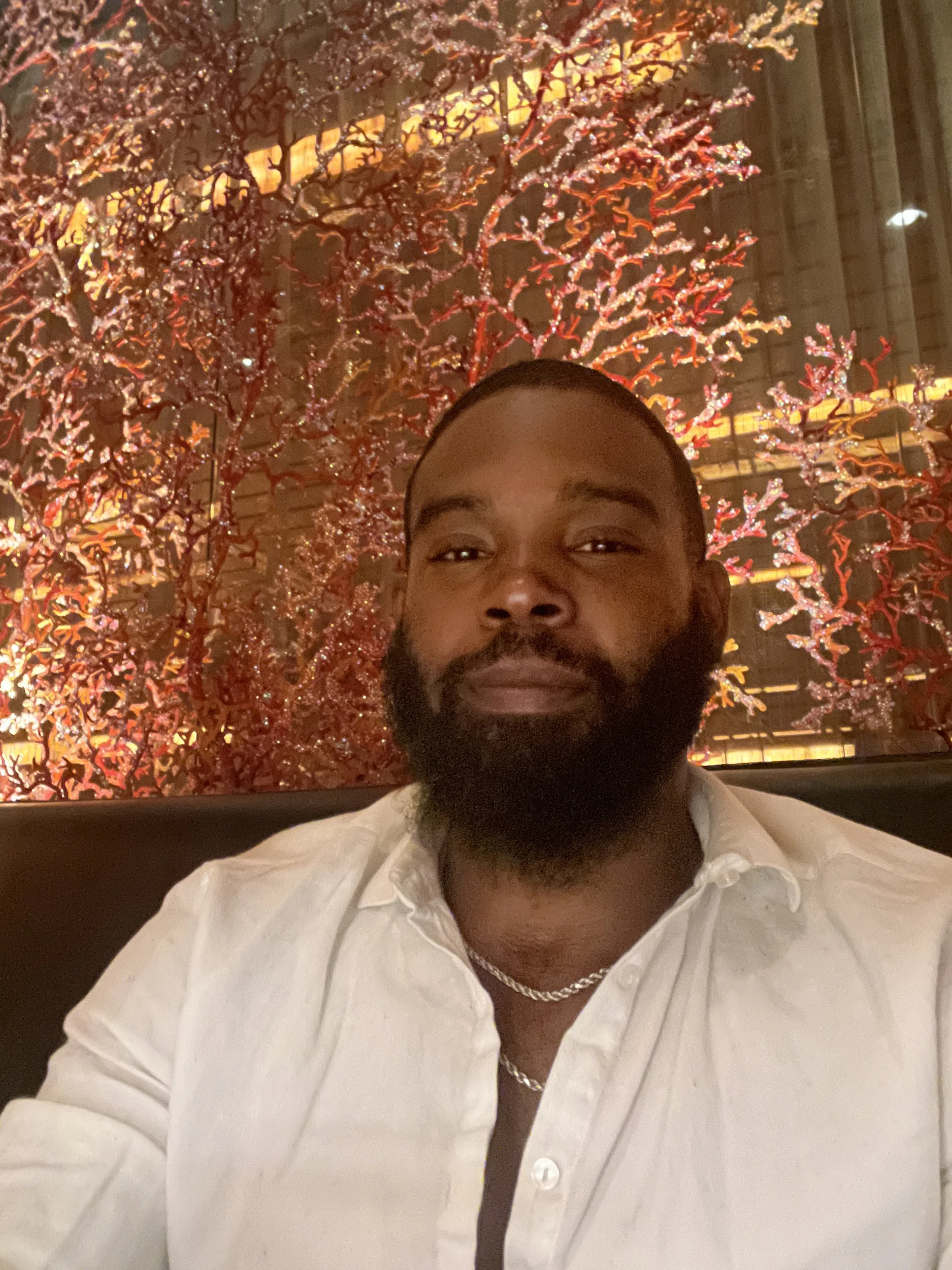 A man with a beard and short hair wearing a white shirt and chain necklaces, sitting indoors with a colorful, decorative illuminated tree in the background.