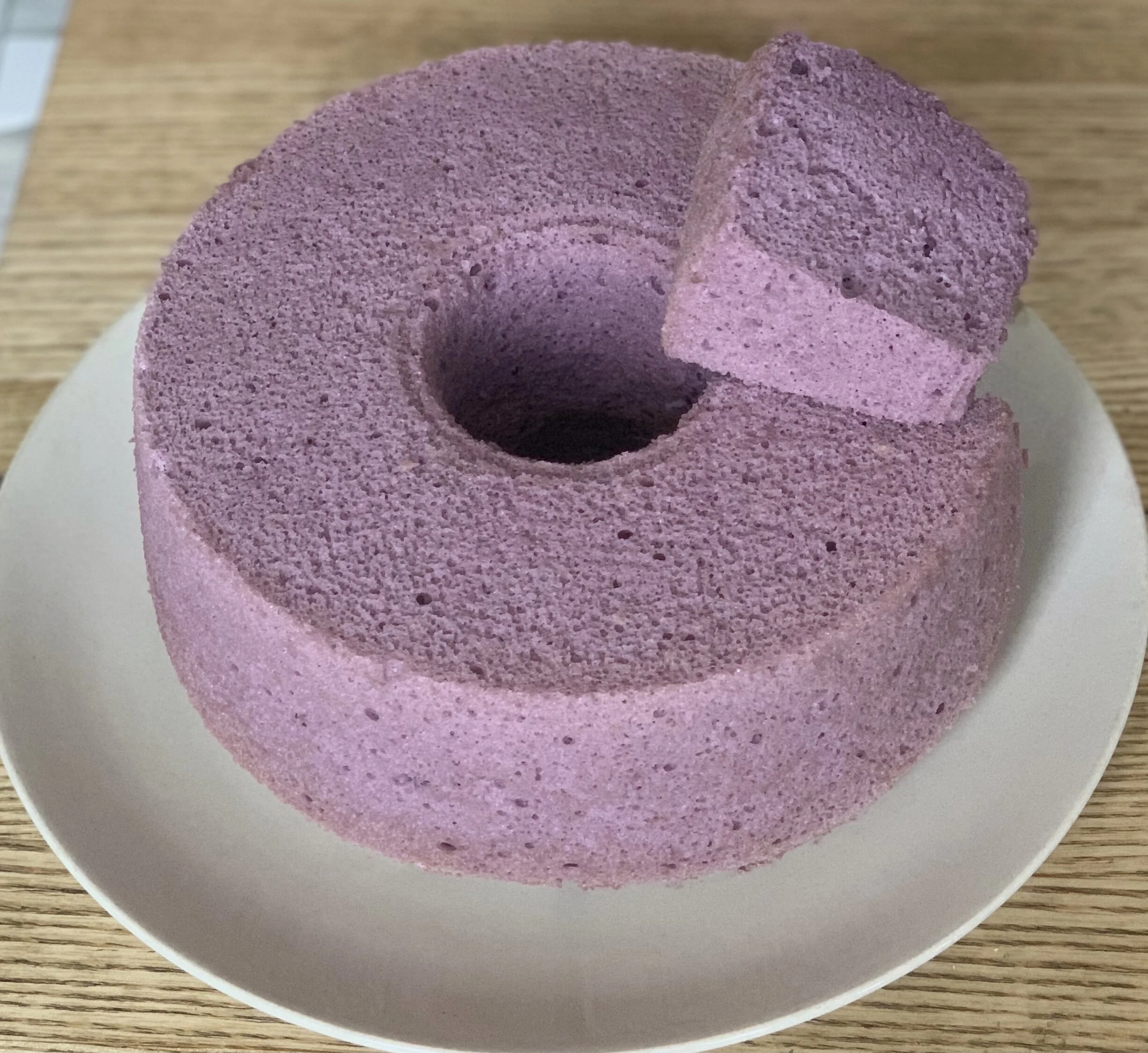 ube chiffon cake sliced