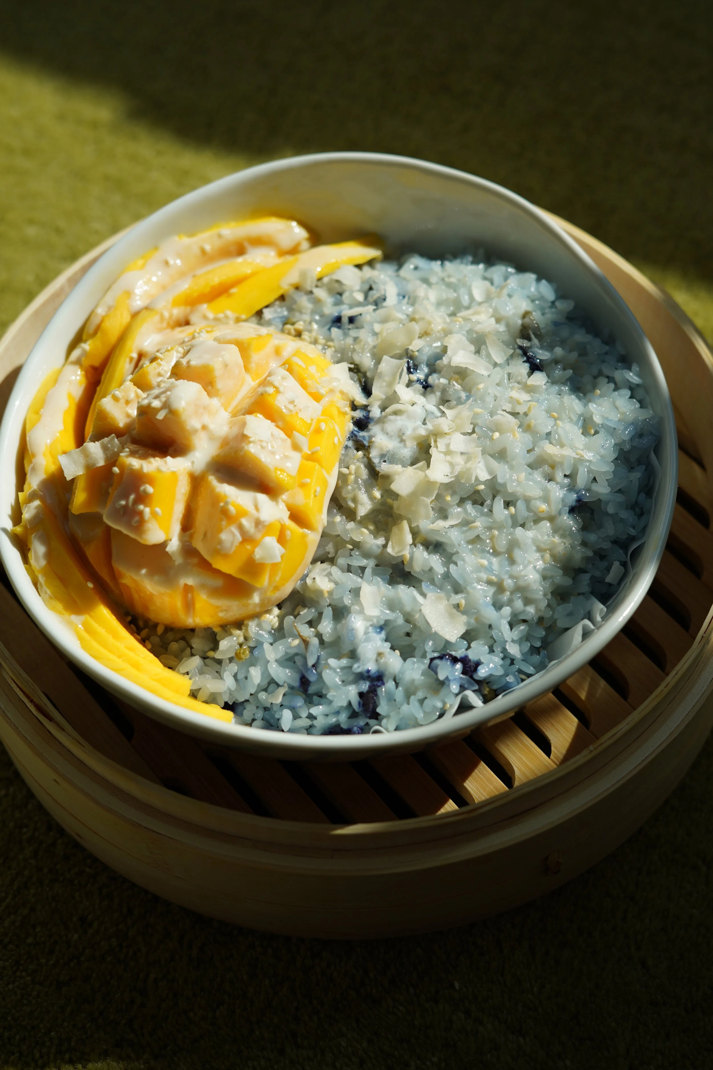 Thai Mango Sticky Rice with Butterfly Pea Flower and Miso Coconut Cream Recipe by Kat Lieu
