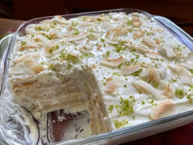 Coconut lime banana pudding in a baking dish