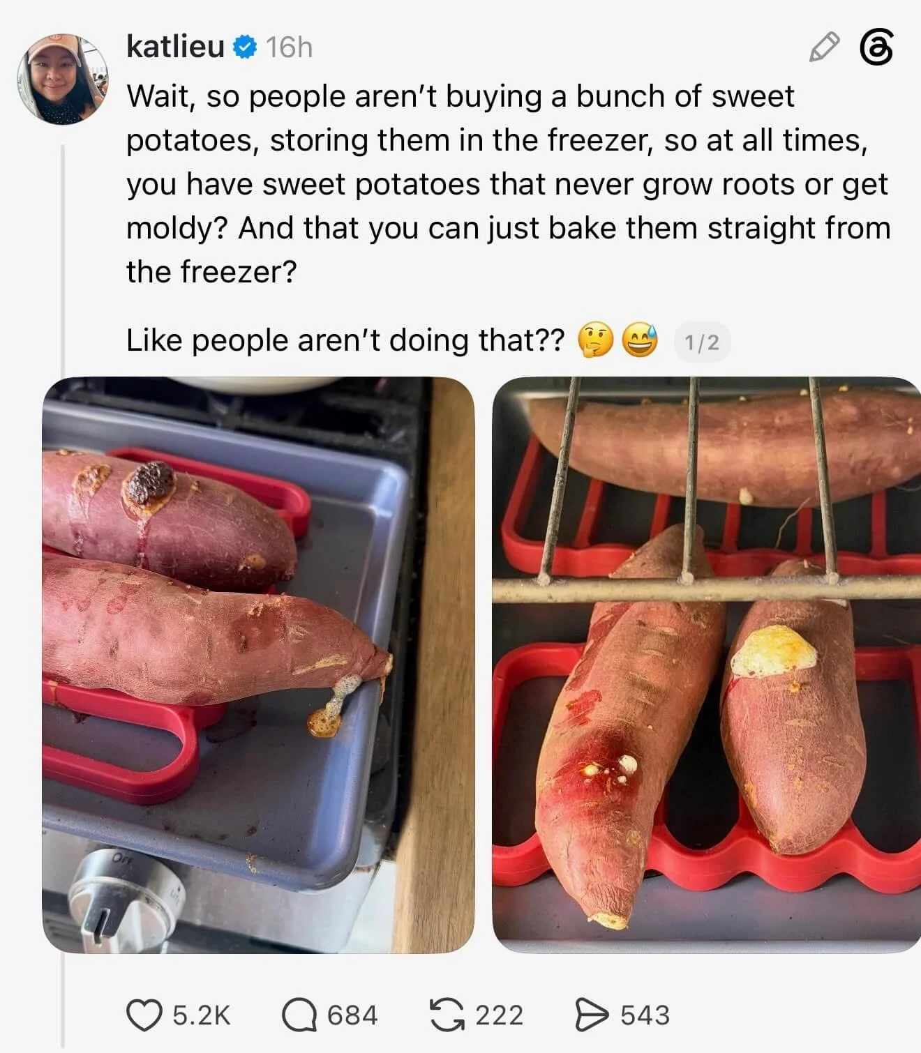 Kat Lieu on threads talking about her roasting sweet potatoes from frozen