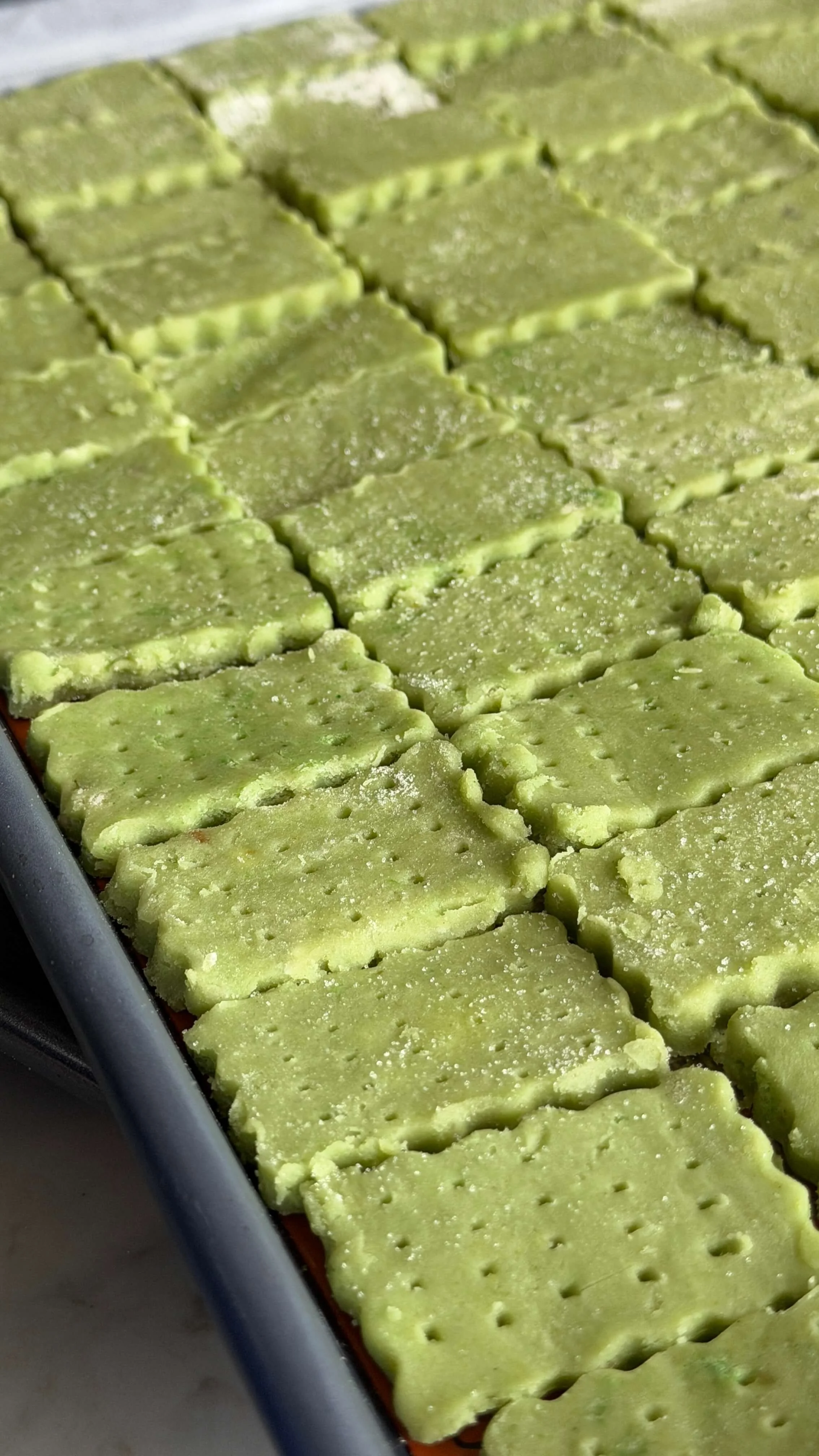 matcha shortbread cookies on sheet pan