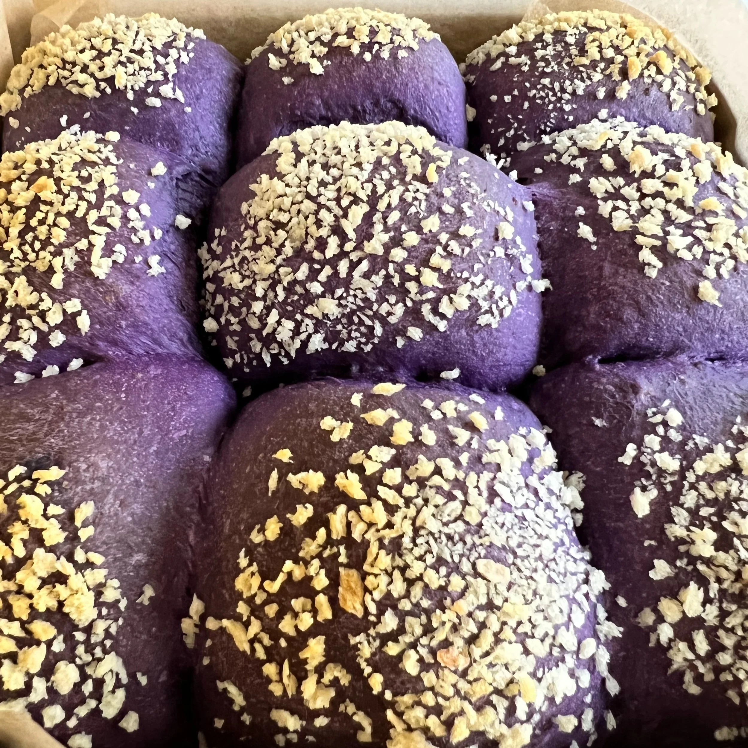 ube cheese pandesal top down view