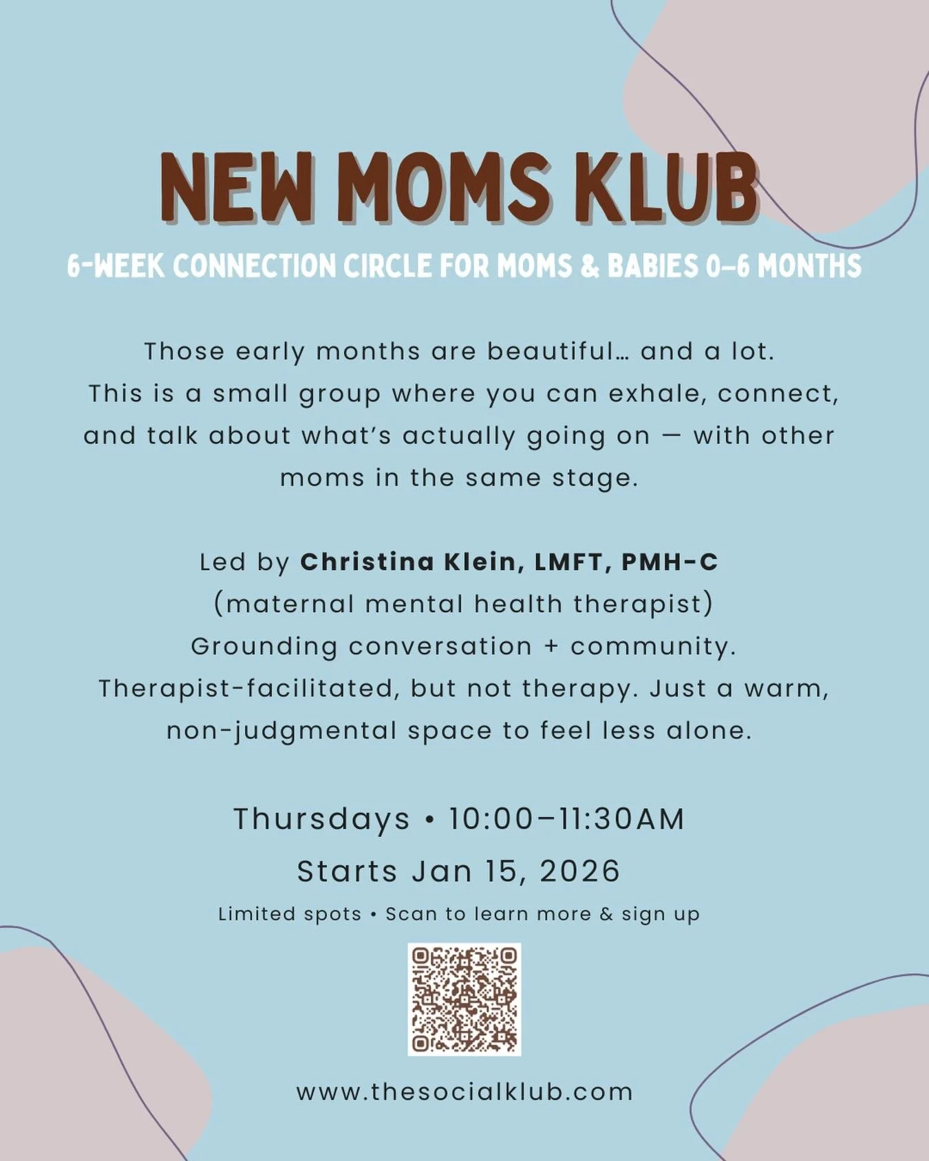 So excited to be running New Moms Klub at Social Klub in Sausalito in the new year 🤍

A 6-week connection circle for moms &amp; babies 0&ndash;6 months. It&rsquo;s a space to exhale, connect, and feel less alone in those early months.

Starts Januar