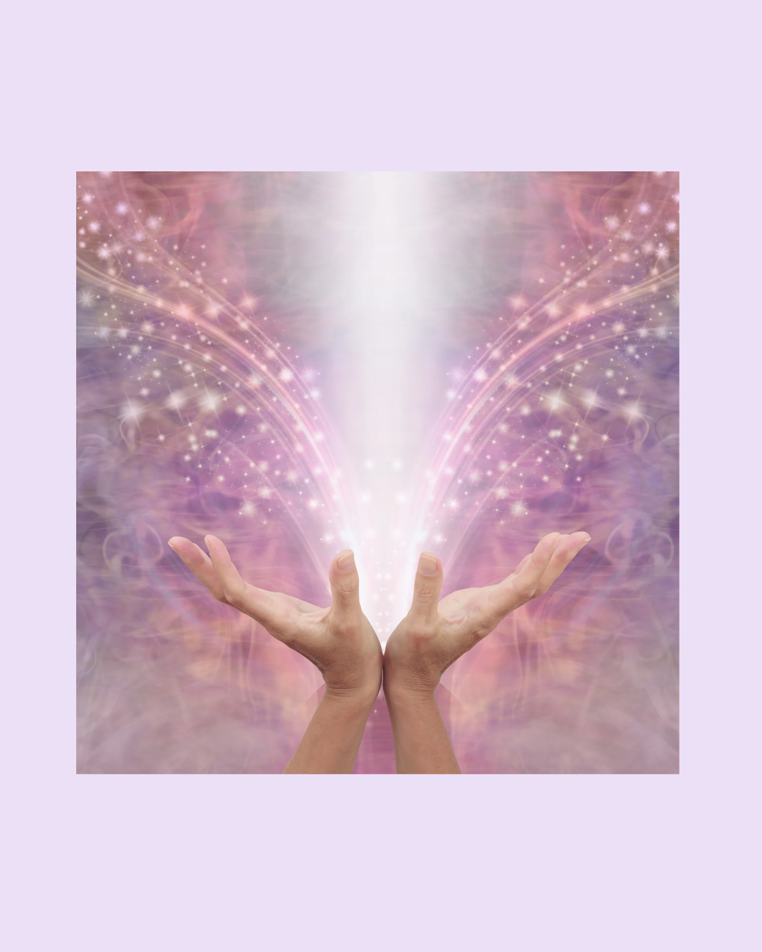 Open hands reaching toward a glowing white light surrounded by pink and purple sparkling energy