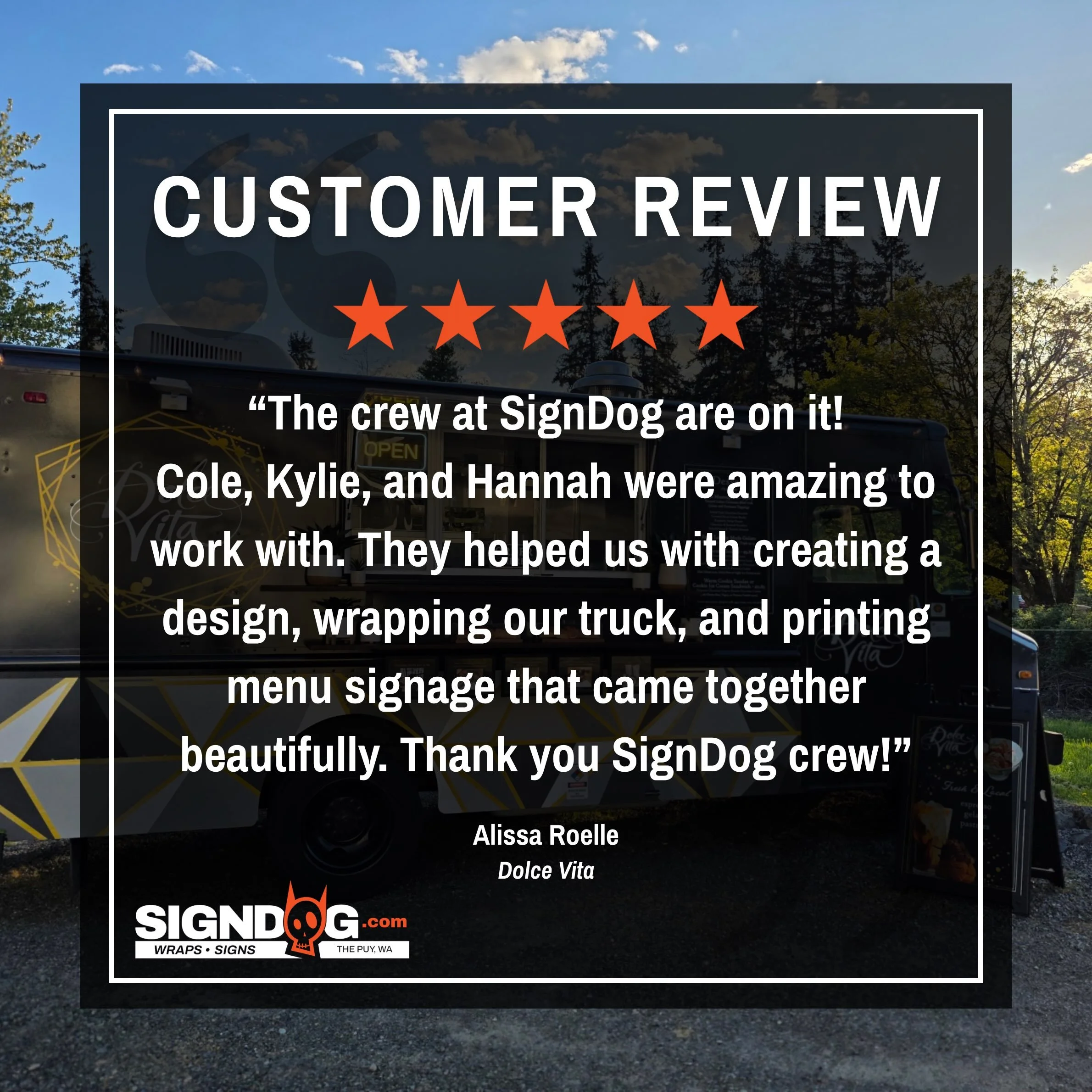 Customer Review Spotlight: We appreciate the shout-out, Dolce Vita! 🧡 It&rsquo;s always a pleasure working with you. Thanks for trusting SignDog! We can&rsquo;t wait for the next project! 🐾
-
#SignDog #DolceVita #CustomerAppreciation #VehicleWraps 