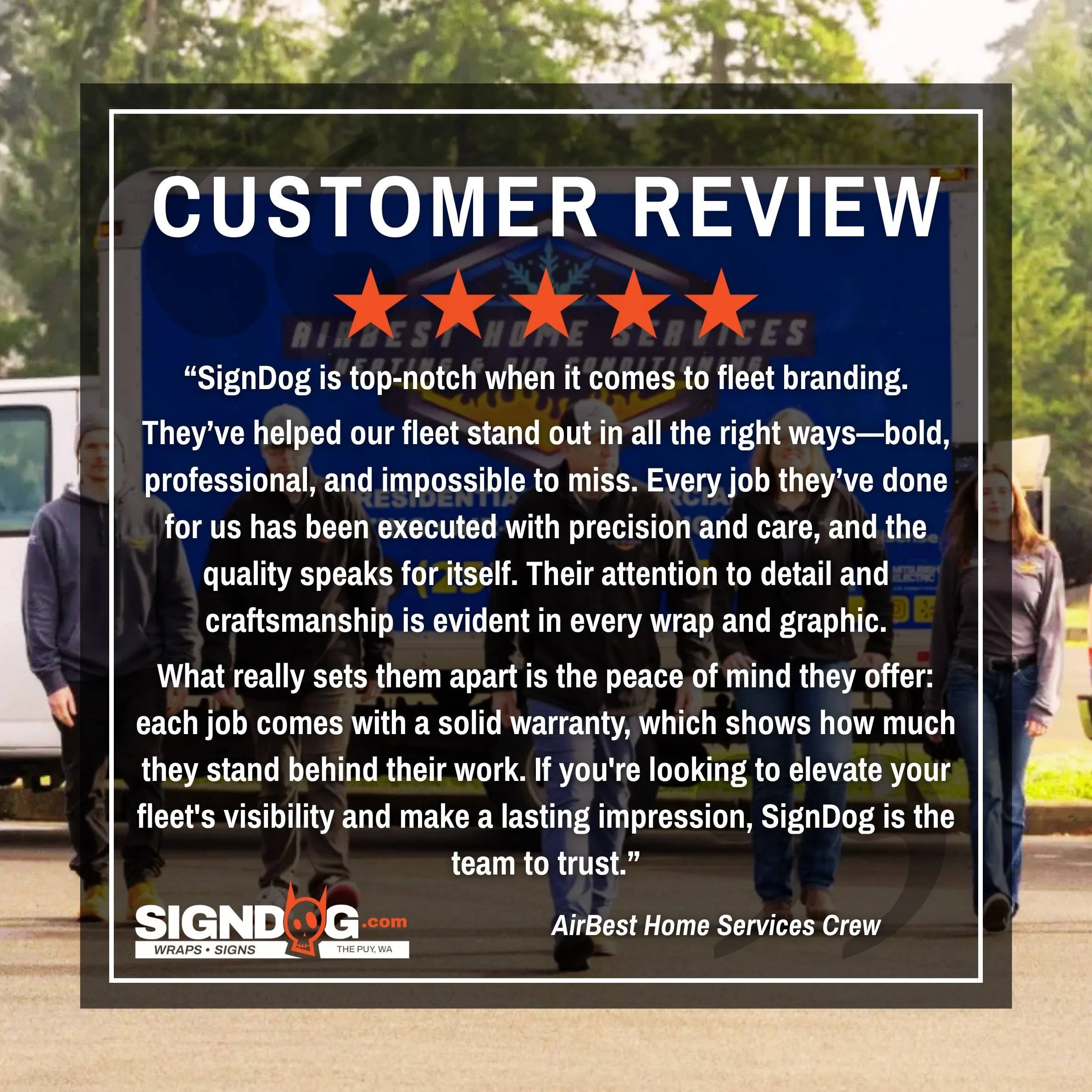 Customer Review Spotlight: There&rsquo;s nothing we love more than helping businesses turn their fleet into something truly special! 🙌 A huge thank you to AirBest Home Services for the kind words and for trusting SignDog with their fleet branding.
-