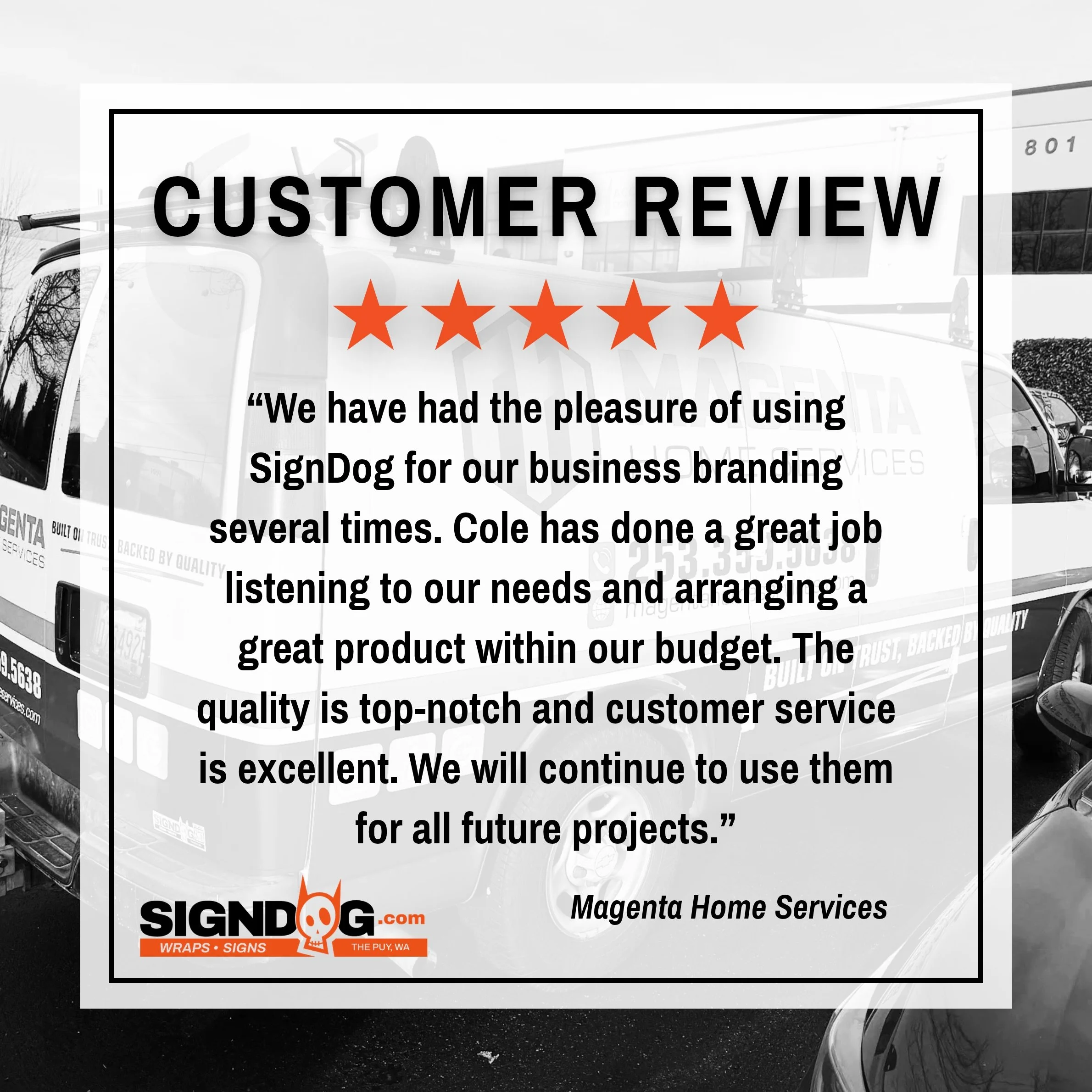 Customer Review Spotlight: A huge thank you to Magenta Home Services for trusting SignDog and taking the time to leave us a Google review. We truly appreciate your support! 🩷
-​
#SignDog #CustomerReview #VehicleWraps #Puyallup #Tacoma
