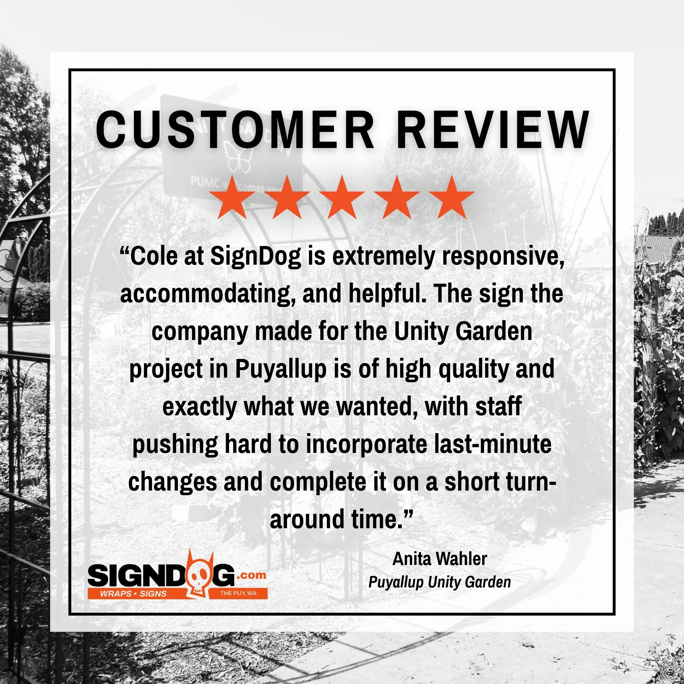 Customer Review Spotlight: Thank you, Anita, for the Google Review! ⭐️ It was a pleasure working with you to make Unity Garden stand out. 🤍
-
#Puyallup #UnityGarden #UnityGardenProject #CommunityGarden #ExteriorSignage
