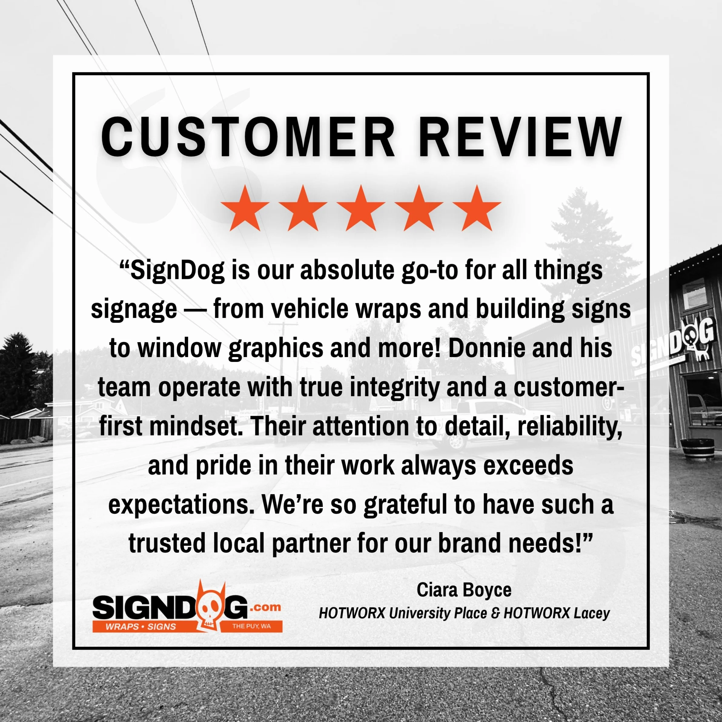 Customer Review Spotlight: Thank you for the kind words, Ciara! We always love working with you and look forward to seeing you again soon! 🔥🐾
-
#HOTWORX #ClientAppreciation #CommercialSignage #CommercialWraps #B2B