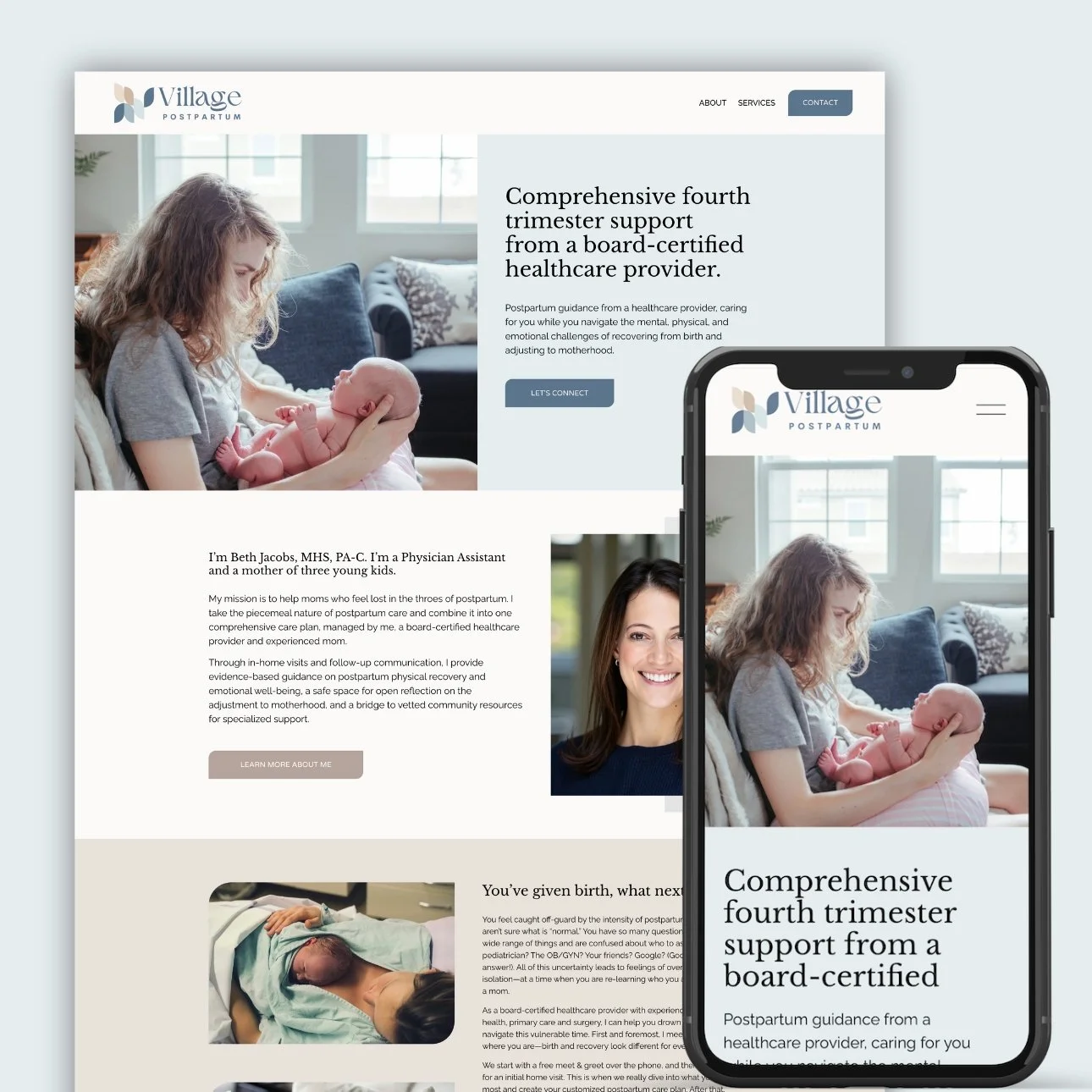 Portfolio graphic showcasing a screenshot of Village Postpartum's website on desktop and mobile layouts
