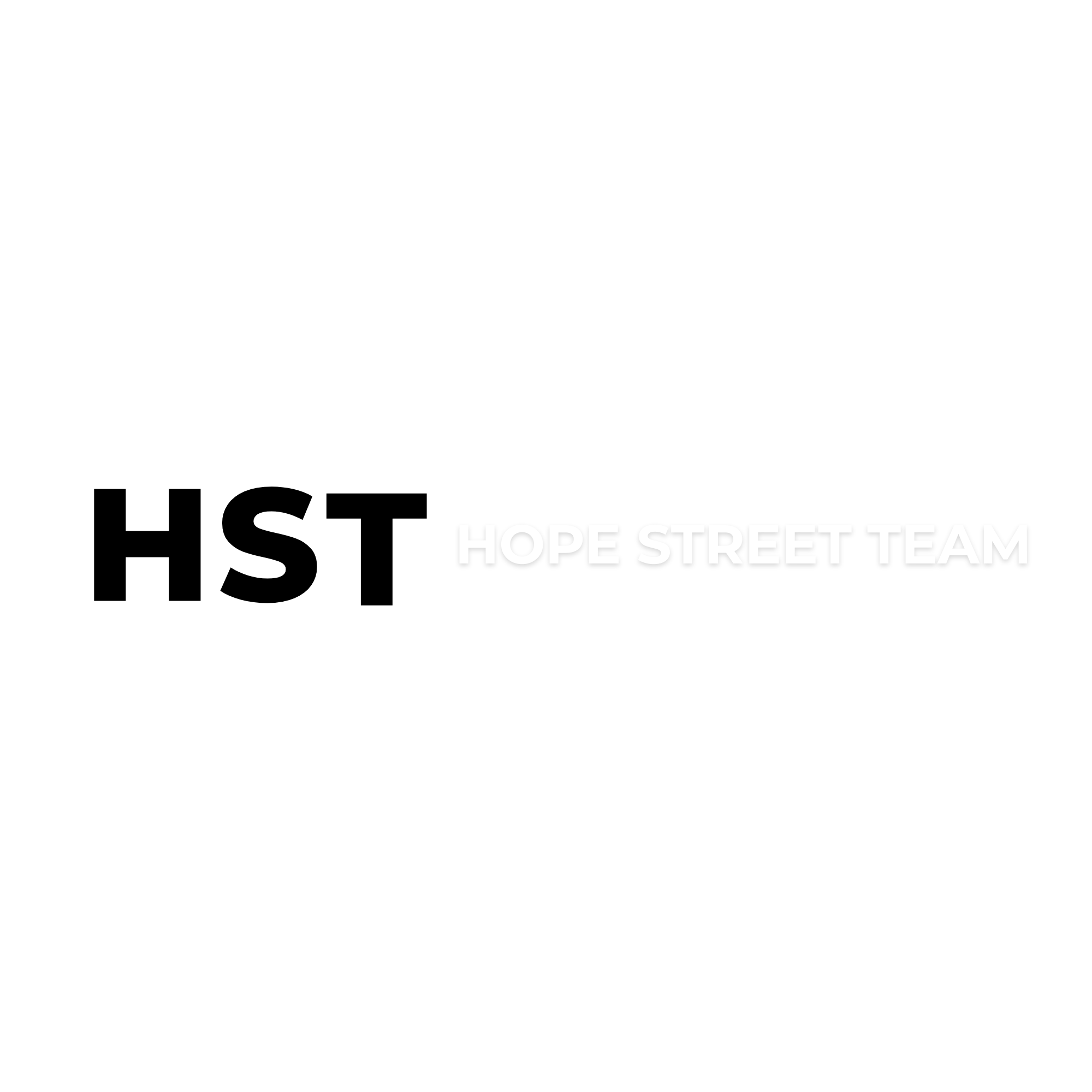 Black background with a white rectangular logo featuring the bold text 'HST' inside a white-bordered box, and the words 'Hope Street Team' next to it.