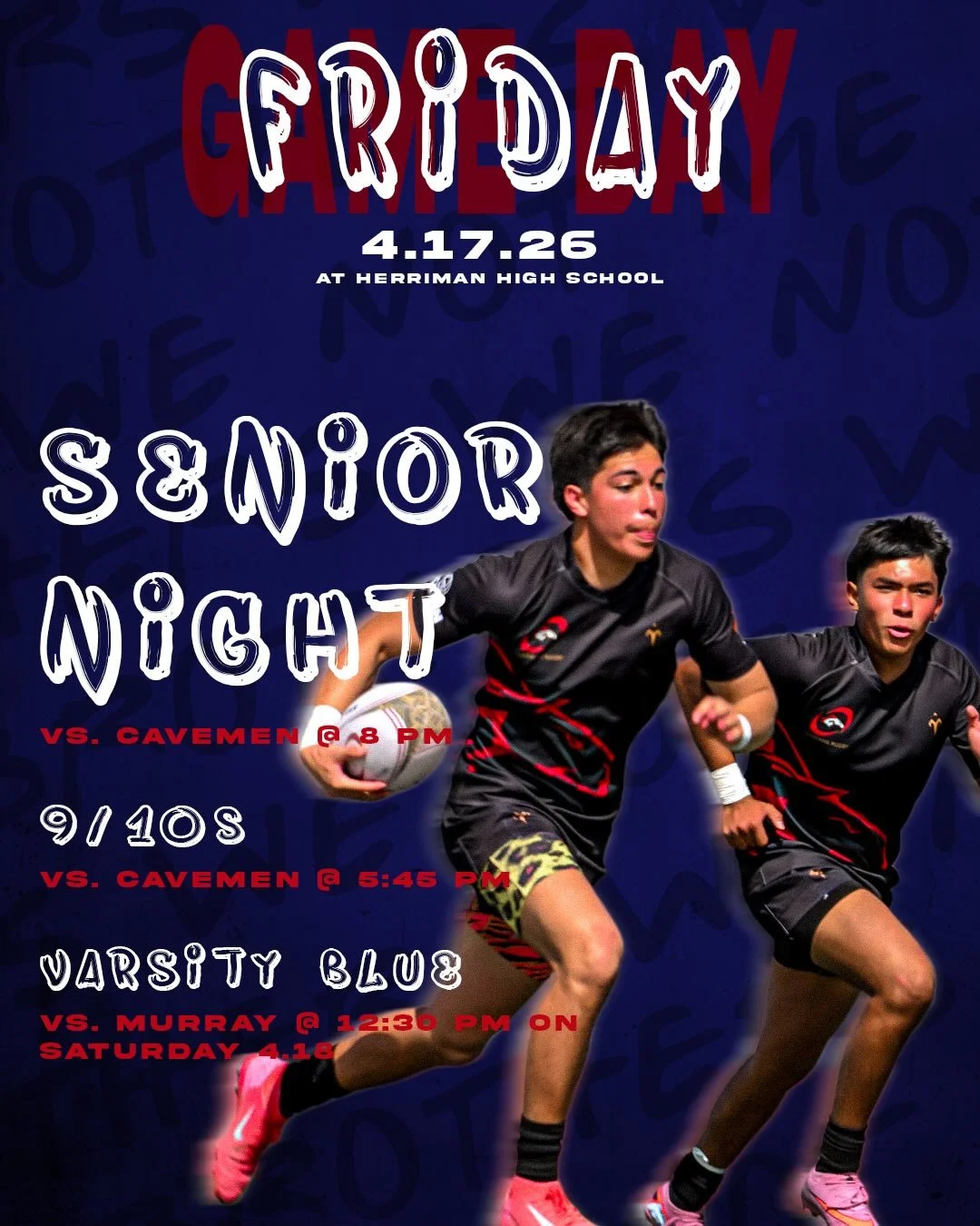 Join us tomorrow as we recognize our incredible seniors of the 2026 class just before our matchup with Cavemen Rugby! 

Senior recognition will begin around 7:30 PM. Show up and show your support for these remarkable young men as they step onto their