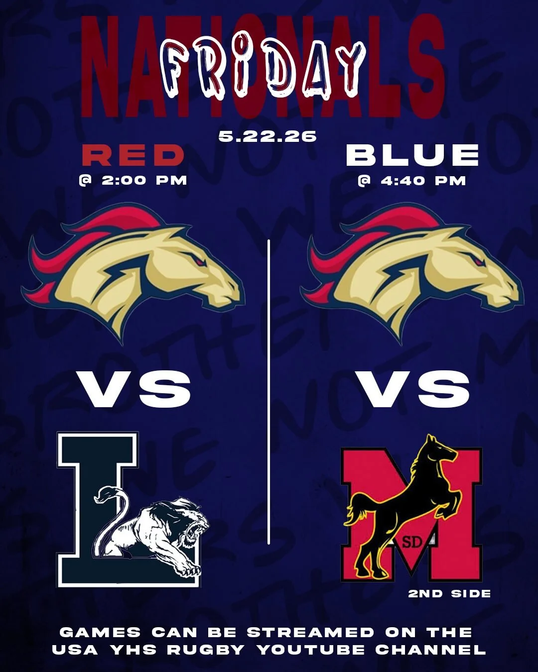 Your First XV + BOMB SQUAD for both matches today at the Boys High School Rugby National Championship!

Varsity Red takes on La Salette in the School Semi-Final at 2 PM eastern. Game will be streamed on the USA YHS Rugby Channel. We&rsquo;ll be playi
