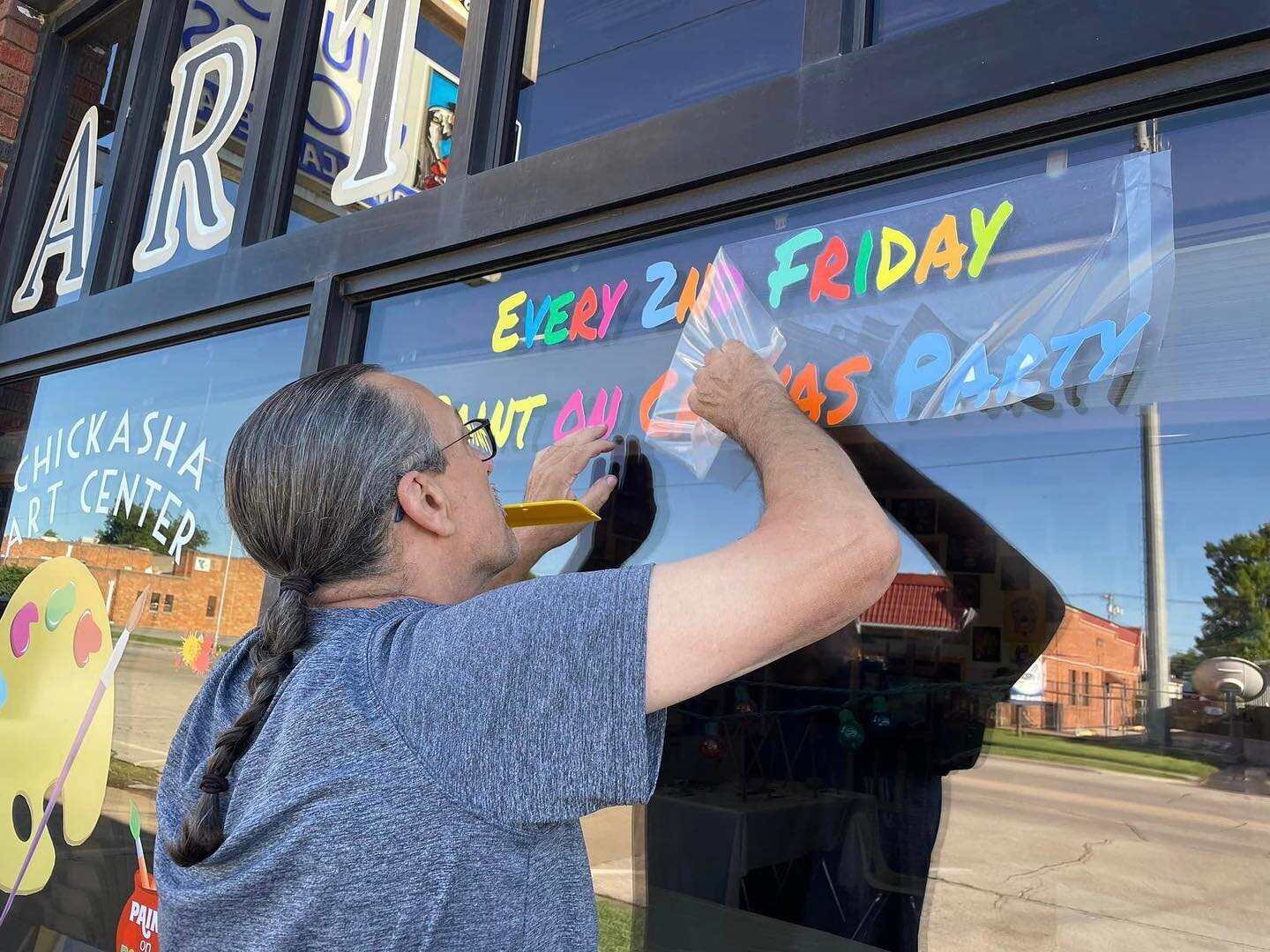 Beautiful morning to put new vinyls on the windows at The Chickasha Art Center! Thanks to my hubby Randy Chavers! And a shout out to Karol Vananda at Dragoon Graphics in Chickasha! (Small business owners can relate, we work 7 days a week sometimes &h