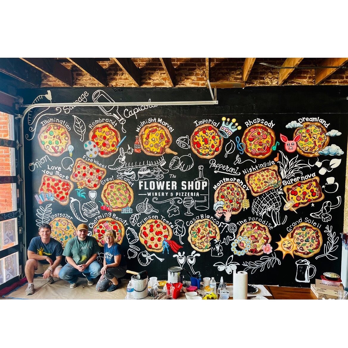 The Flower Shop Winery and Pizzeria  in Chickasha is getting some fun murals courtesy of The Chickasha Art Center! This one should be finished this week! Special thanks to Sean Brown and Mike Hixson for their help today!