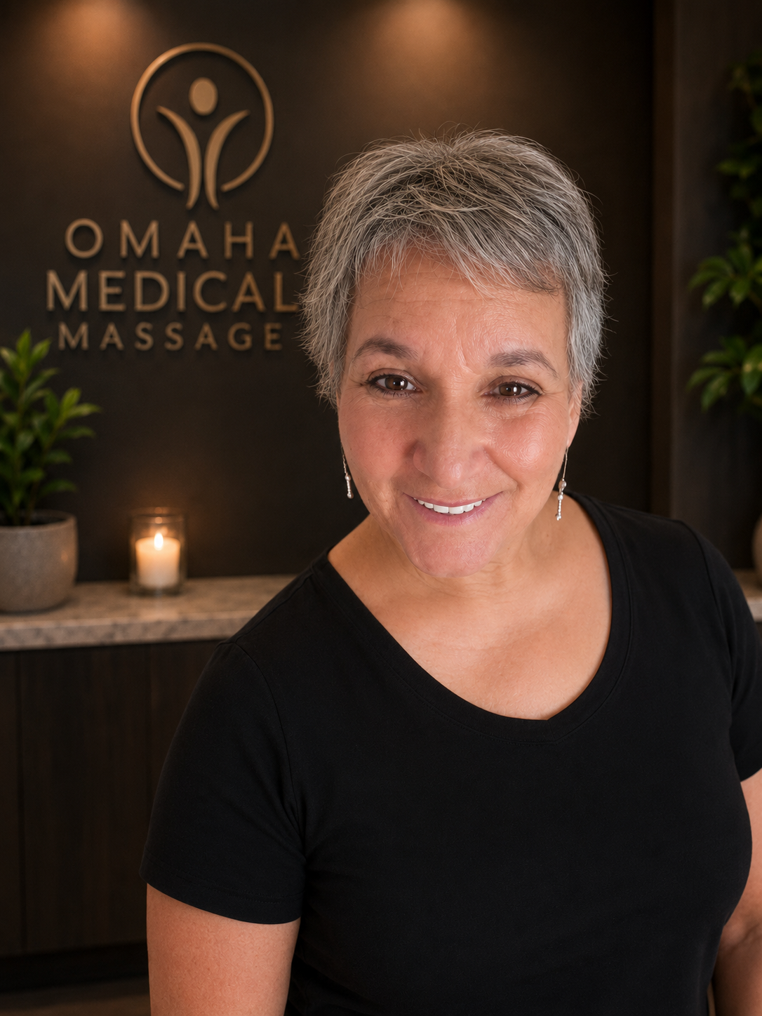 Smiling woman with short gray hair wearing a black shirt and jewelry, inside Omaha Medical Massage location with plants, candle, and logo in the background.