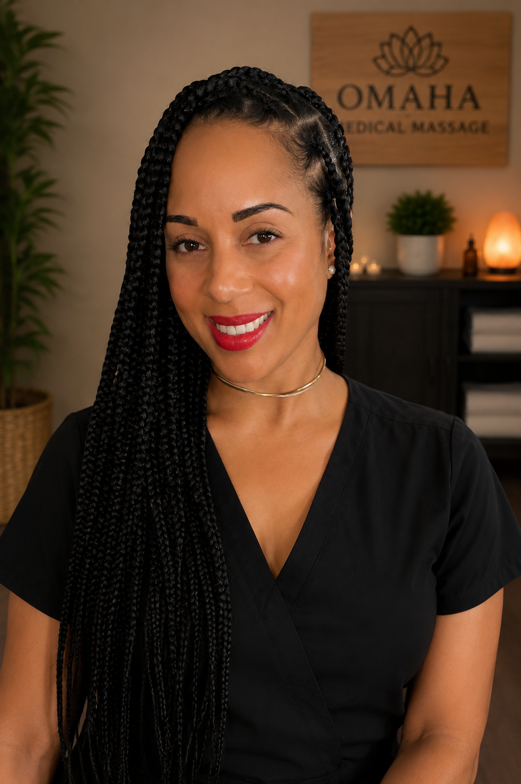 A woman with long braided hair, wearing a black uniform and a gold choker necklace, smiling in a massage therapy office with a sign that reads 'OMAHA Medical Massage' in the background.