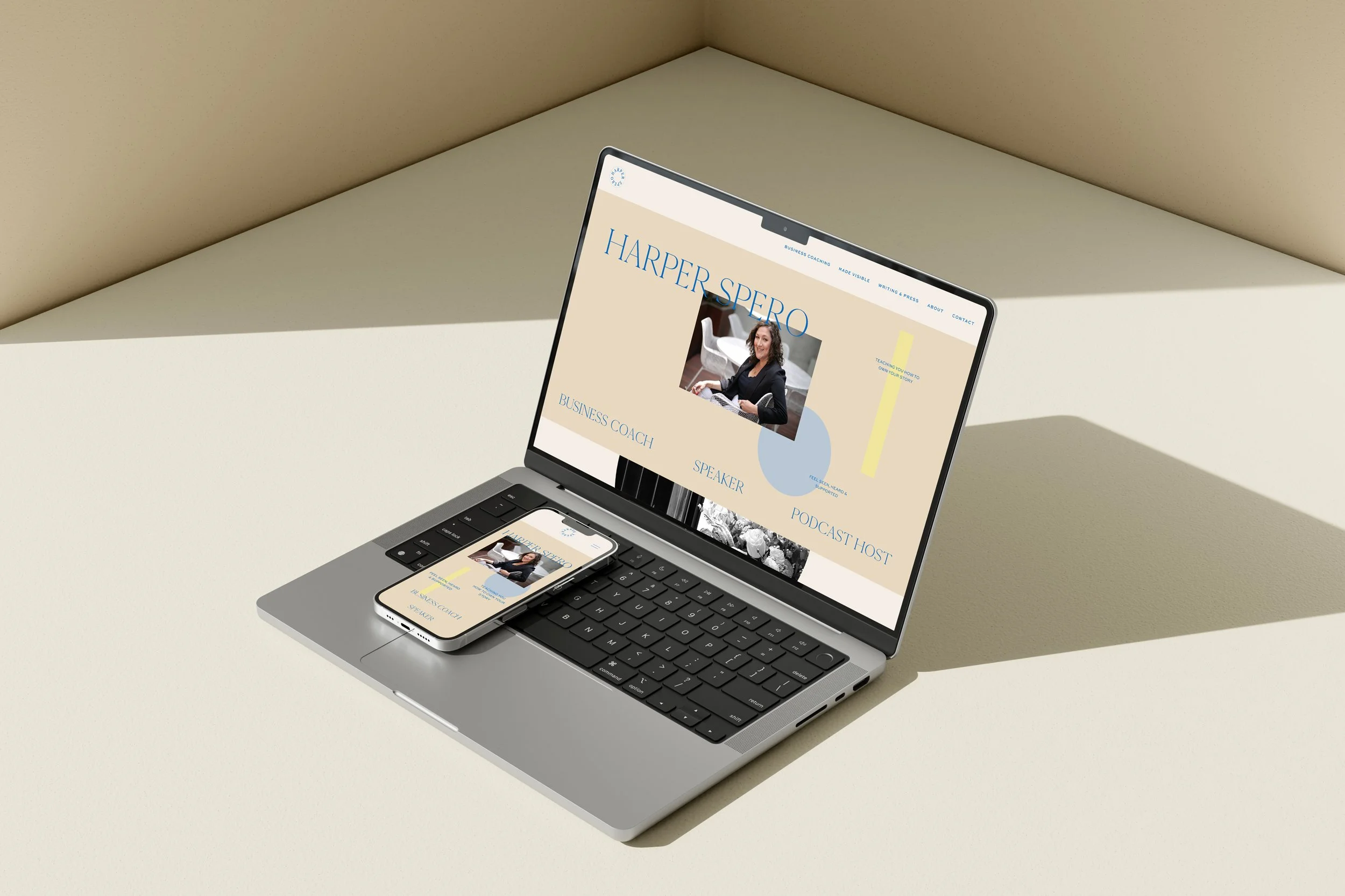 Custom Squarespace website design for NYC business coach and entrepreneur Harper Spero shown on desktop and mobile