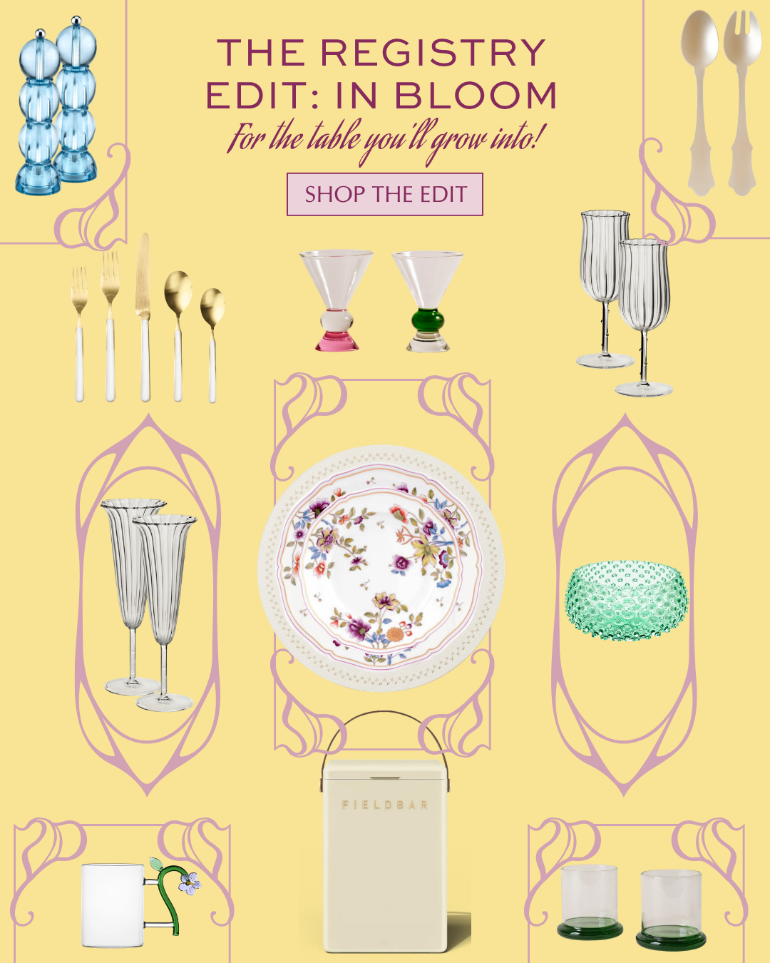 Hosted gift registry illustration featuring tabletop and home essentials