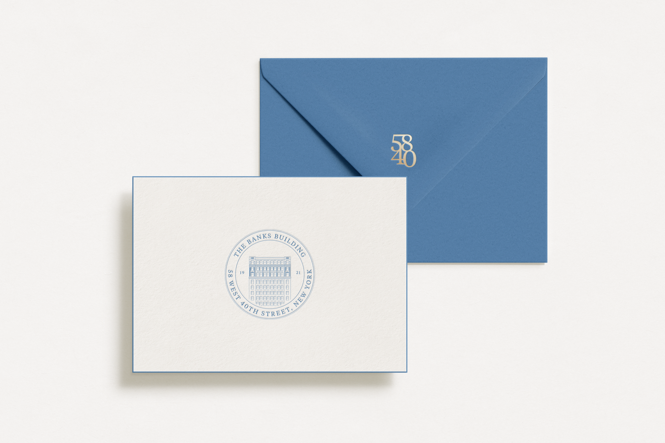 The Banks Building brand identity applied to custom stationery and print design